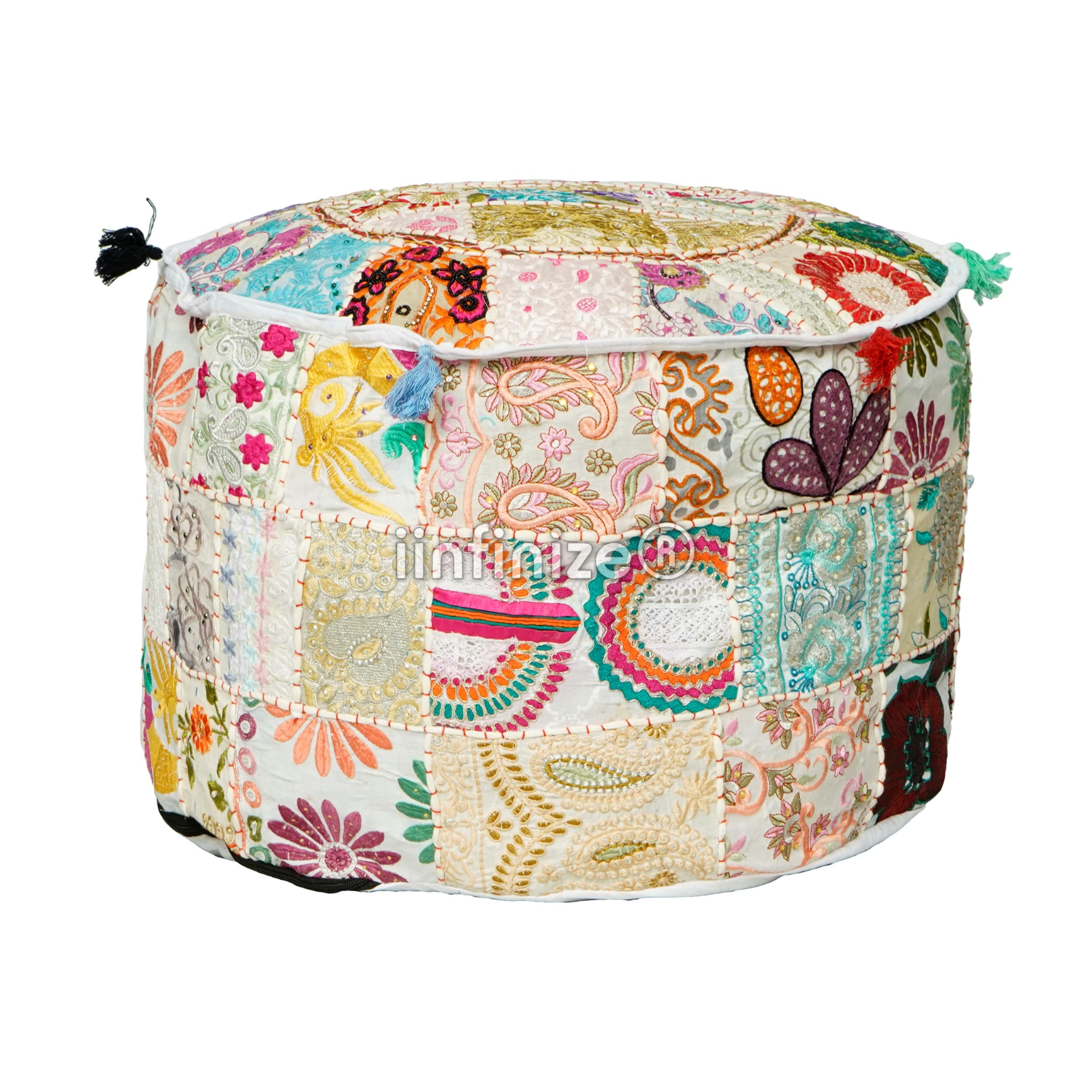 Patchwork Pouffe Cover 18 Inch Round Ottoman Footrest Mudda Stool Cover Cotton Boho Vintage Sitting Bean Bag Pouffe Khambadiya Pouffe Cover-image-17