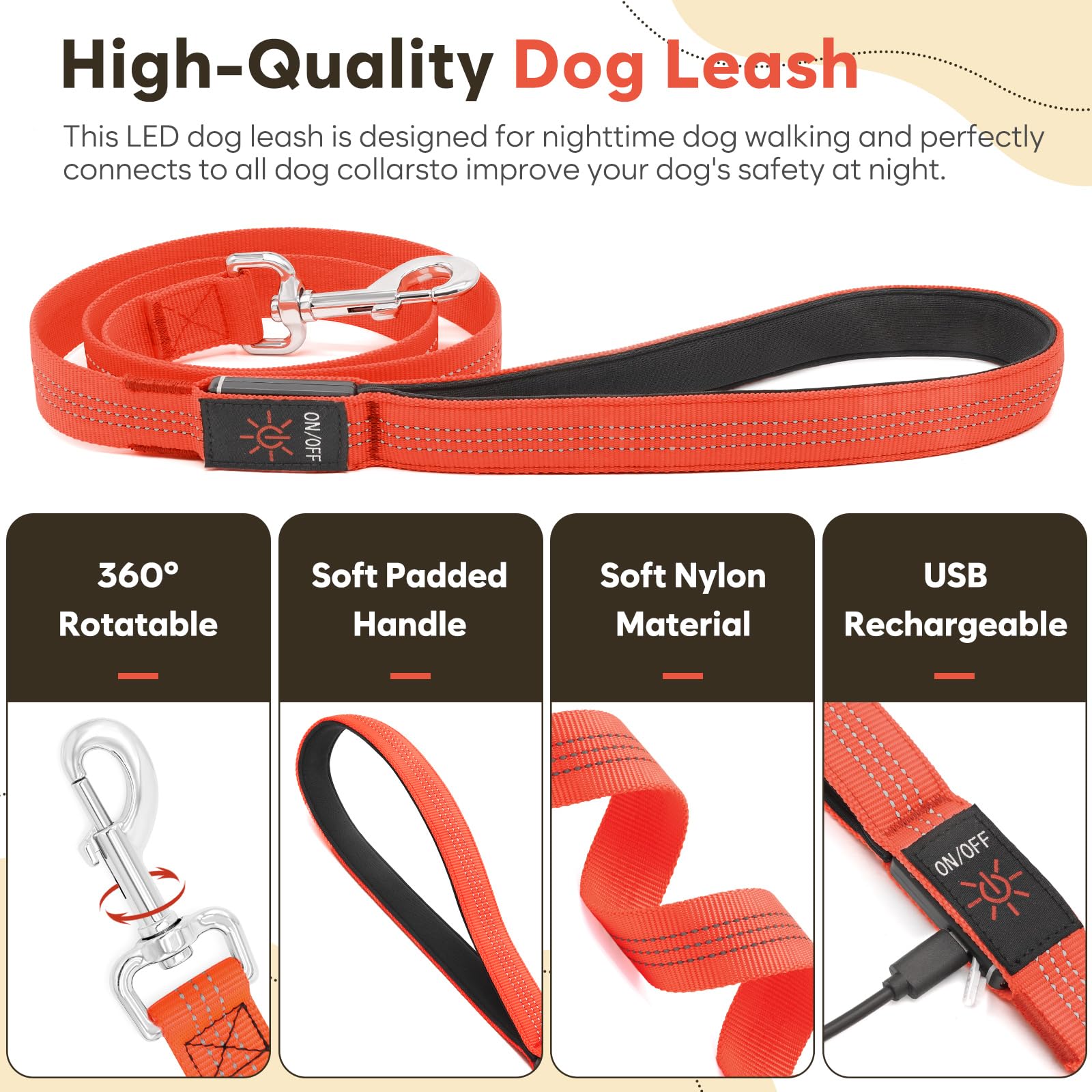 Ezierfy Light Up Dog Lead, 4 Ft Reflective LED Dog Leash Rechargeable Flashing Puppy Lead High Visibility Up to 500M - Image 2