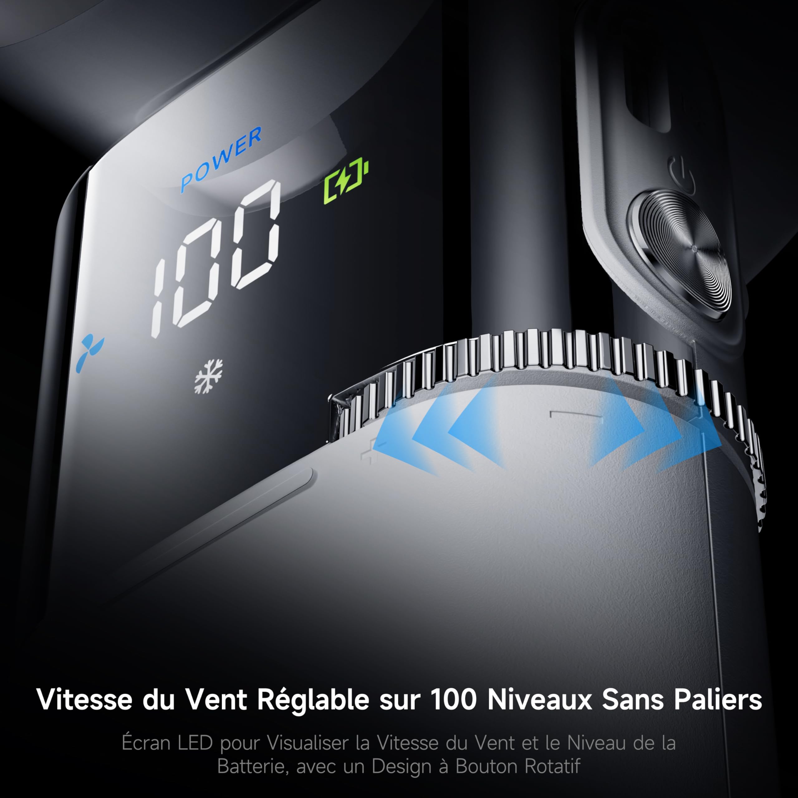 Ventilateur Portable à Refroidissement Rapide · Ventilateur à Main Rechargeable 9000mAh · 100 Niveaux · Câble Type-C Intégré · Écran LED · Inclinable 135° - Blanc