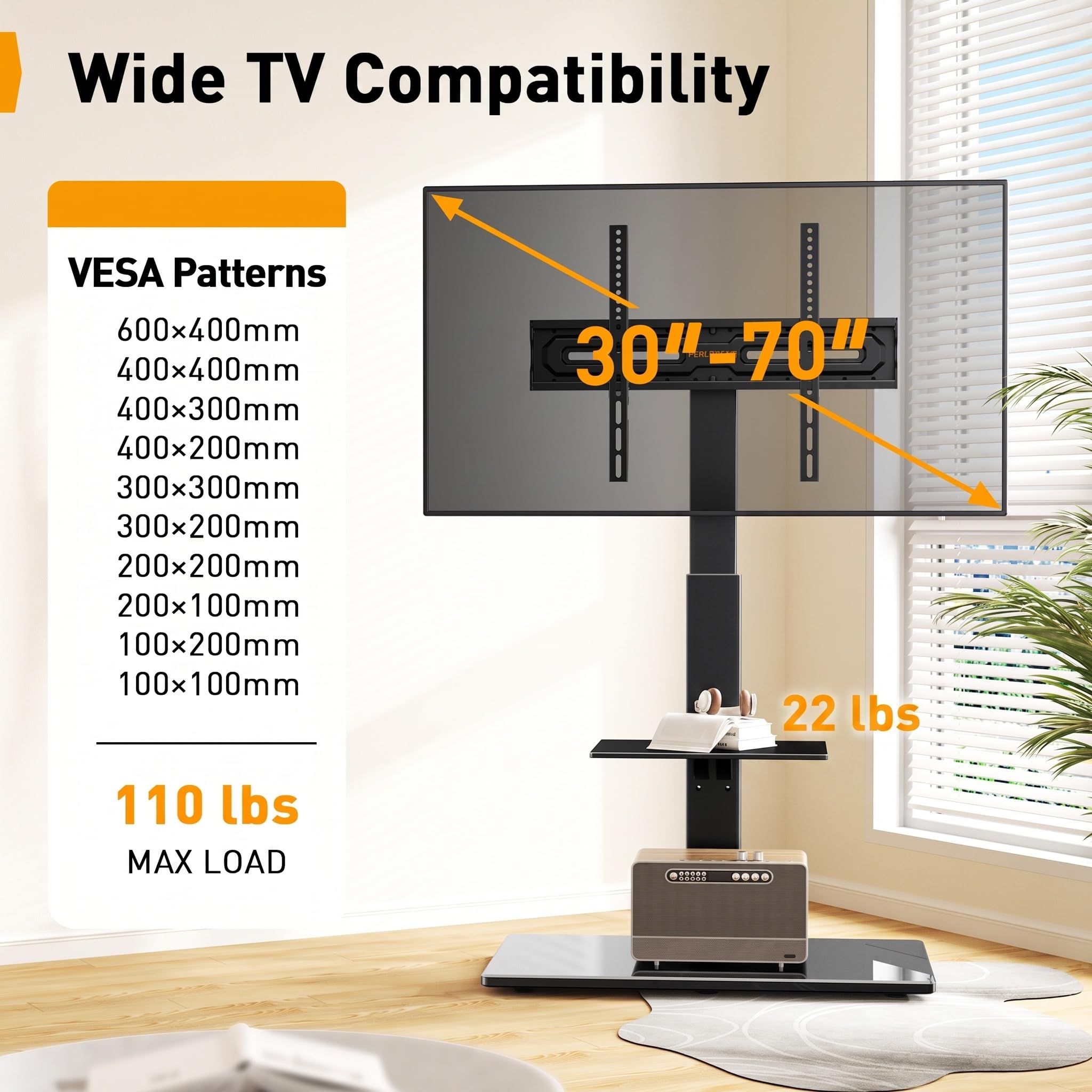 PERLEGEAR Soporte de TV de Suelo para Televisores de 30-70 Pulgadas de hasta 50 Kg con Inclinación, 4 Alturas de Pilar, Soporte de TV con Estante y aBse de Vidrio Templado, VESA Máximo 600x400mm
