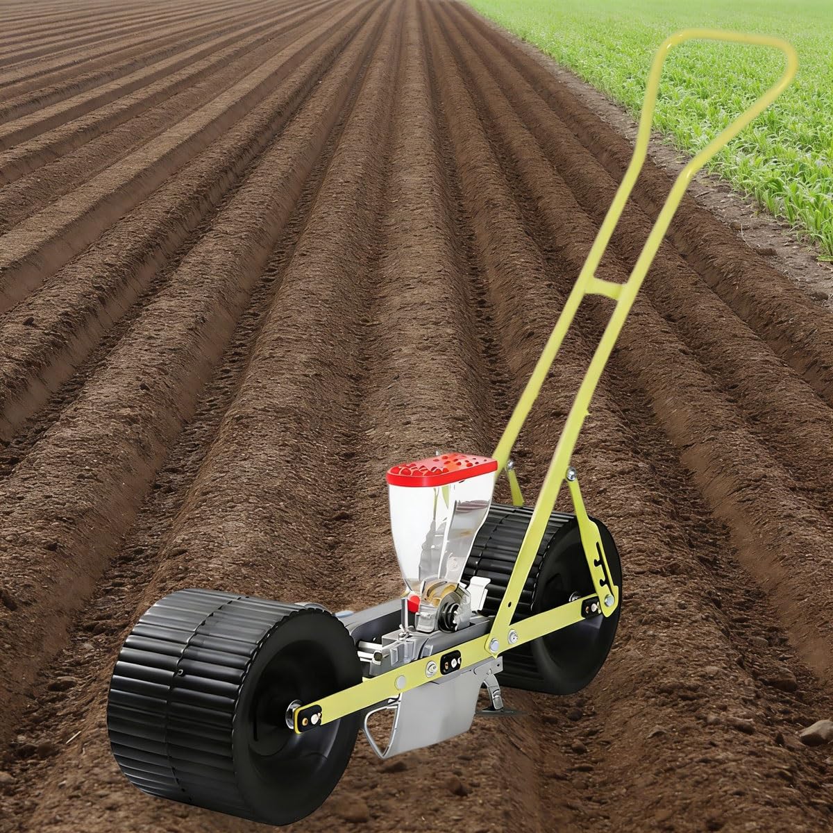 Seminatrice di precisione per ortaggi, seminatrice manuale a spinta da giardino, con tramoggia capiente e regolazione della profondità, per semi da 2 a 10 mm.(1-wheel)