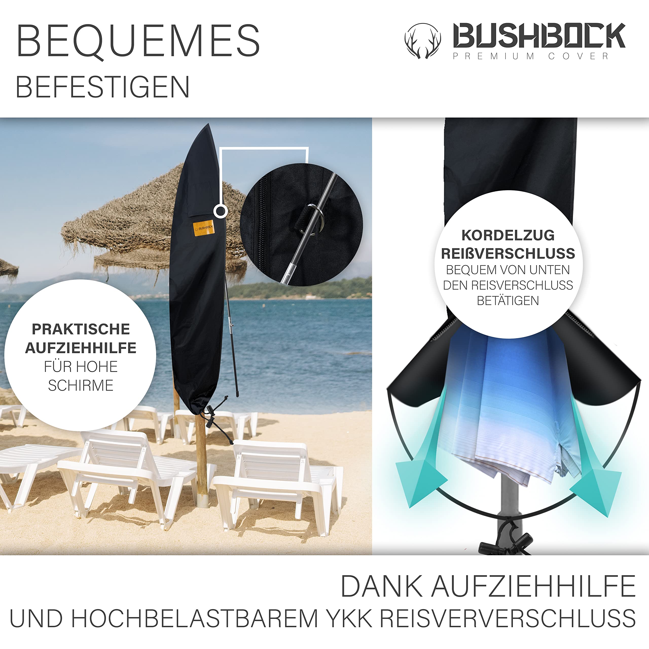 BUSHBOCK® Premium pokrowiec na parasol przeciwsłoneczny/wiszący – do ok. 400 cm Ø – najlepsza tkanina 600D – ultra wytrzymały z otworami wentylacyjnymi i specjalną powłoką (265 x 40 / 70 / 50 cm)