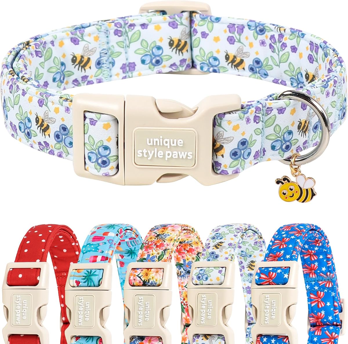 Dog Collar Plastic Buckle with Pendant Puppy Collar for Spring Summer Blueberry Bee for Small Medium Large Boys Girls Dogs