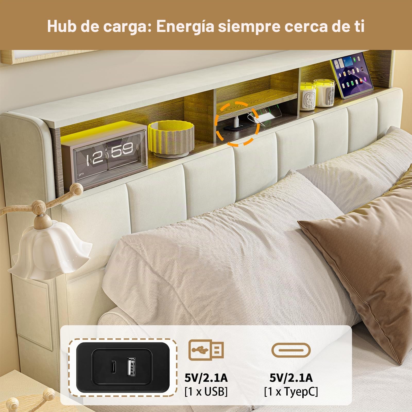 Cama de Matrimonio 160x200 cm con 4 Cajones, Cama Queen Size Tapizada con Luces LED, Puerto Type-C y Cabecero Moderno, Estructura de Cama con Somier, Beige (Sin Colchón)