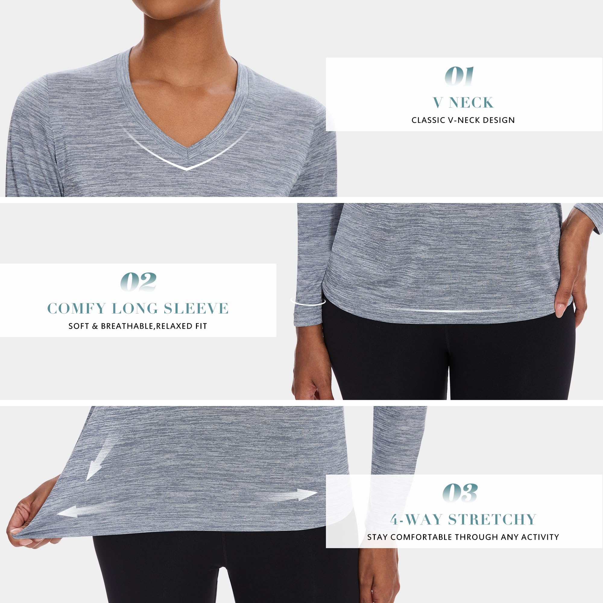 BALENNZ Camisetas de entrenamiento de manga larga para mujer, cuello en V, absorben la humedad, secado rápido, para gimnasio, atletismo