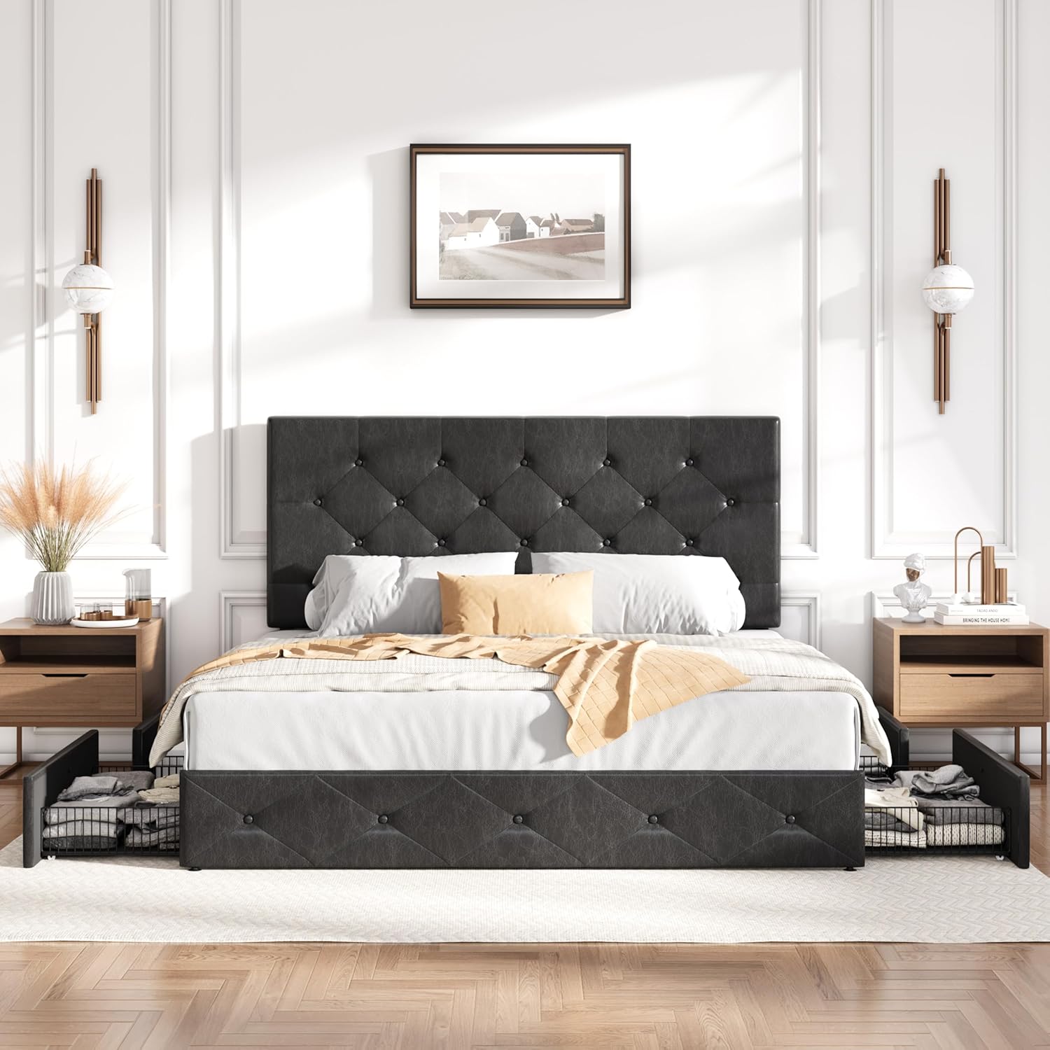 Front view of the SHA CERLIN bed frame with two under-bed storage drawers pulled out, revealing their contents.