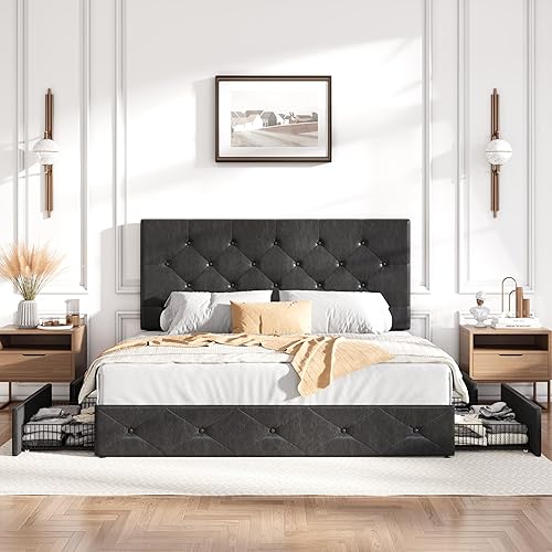 Miniatura 3 de SHA CERLIN Base de cama tapizada de plataforma completa con 4 cajones, cabecera ajustable con diseño de botón de diamante de piel sintética, soporte