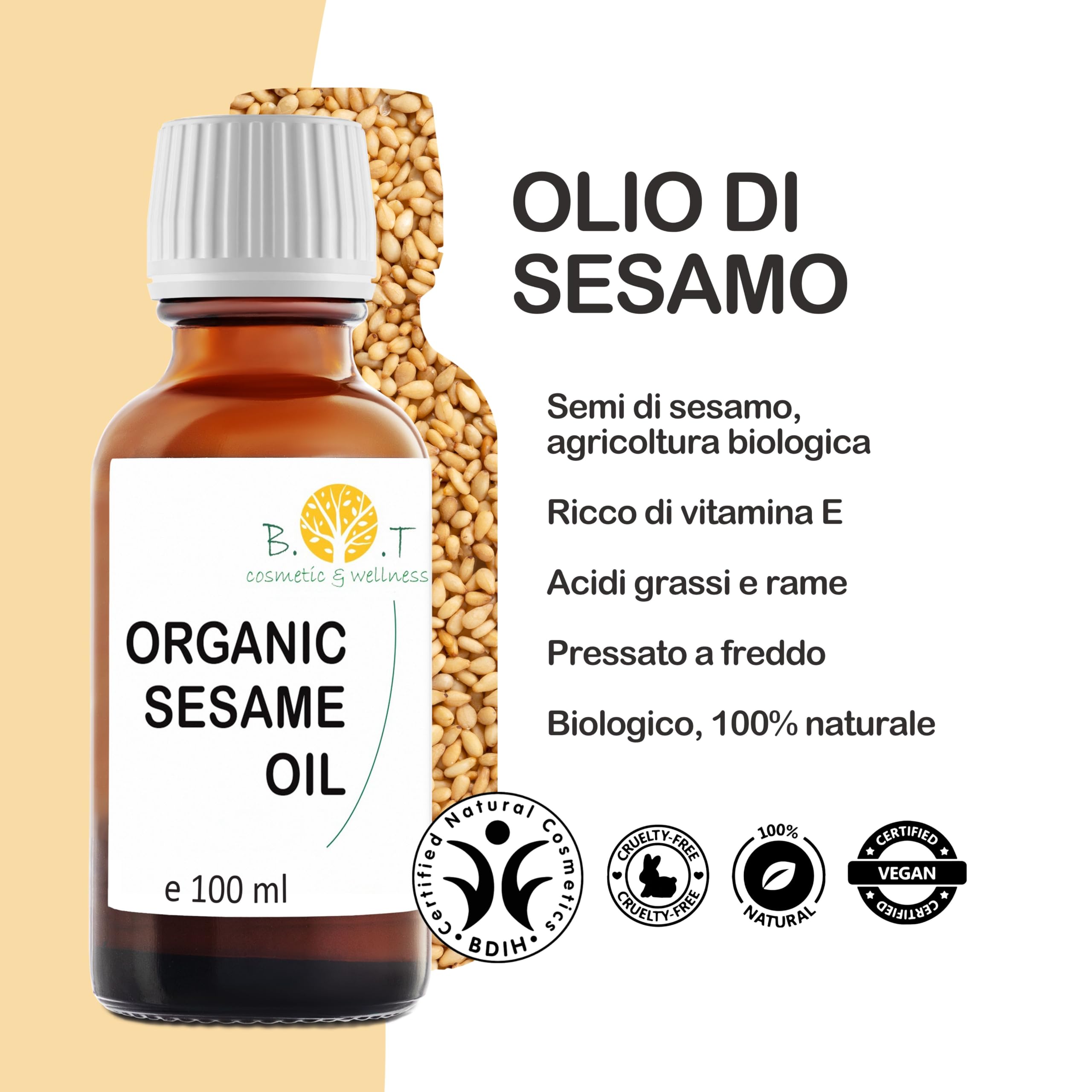 Olio di Sesamo Biologico 100% Puro e Certificado. Olio di Semi di Sesamo Naturale Spremuto a Freddo. Sesamo BIO Massaggio di Corpo, Capelli, Ayurveda, Beauty - 100 ml
