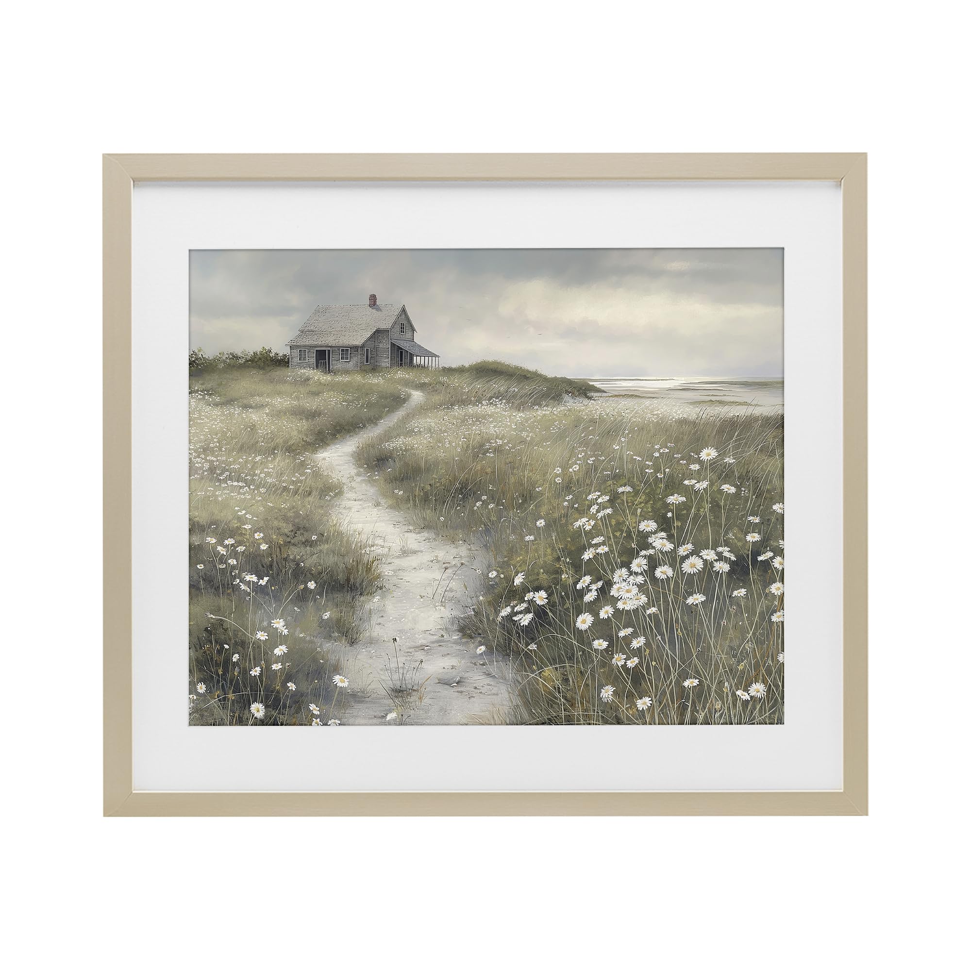 Stupell Industries Pathway To Coastal Cottage, Serene Meadow Daisies and Rustic Coastal Landscape, 17 x 21 Inch Framed Matted Print Under Glass, by Imagine It Images, Made in USA Gift