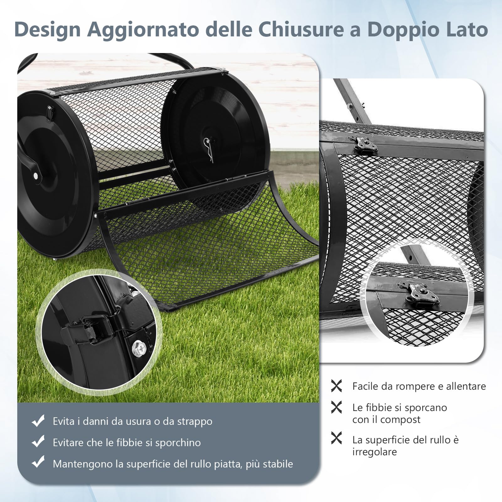 COSTWAY Spandiconcime a Rullo, Rullo da Giardino con Impugnatura Pratica Chiusure Laterali e Rete in Metallo per Concimazione e Semina, Spandiconcime per Prato e Giardino (41 x 60 cm Nero)