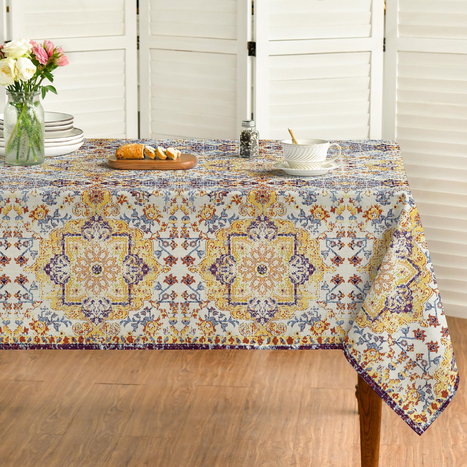 Horaldaily Boho Bohemia Style Tablecloth 60x84 Inch Rectangular, Vintage Country Rustic Farmhouse Magical Fall Yellow Washable Seasonal Table Cover