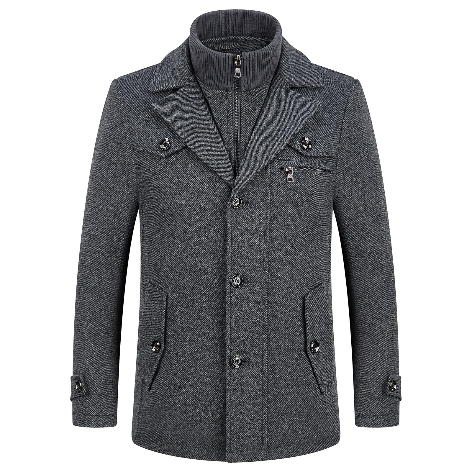 KUDORO Cappotto da Uomo in Lana Corto Invernale Casual e Business Regular Fit Spesso in misto Lana con Colletto Interno Rimovibile Parka Trench Coat