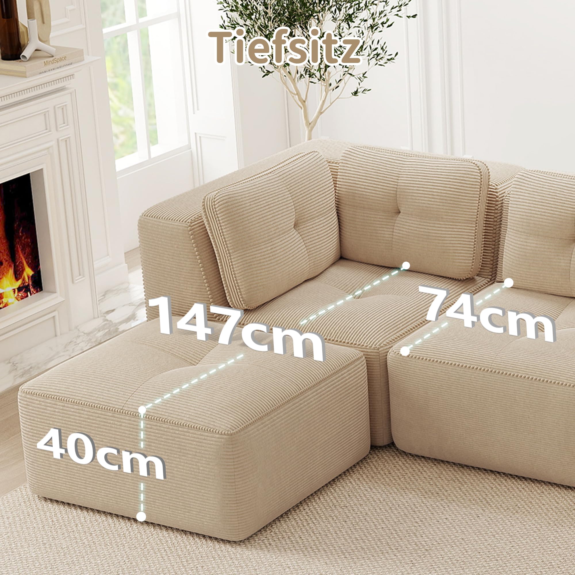 Bladez Sofá modular en forma de U, sofá de 3 plazas moderno de cordón con reposapiés, sofá de asiento profundo sin costuras sin montaje, sofá comprimido, para sala de estar (Beige, 3 plazas+2)