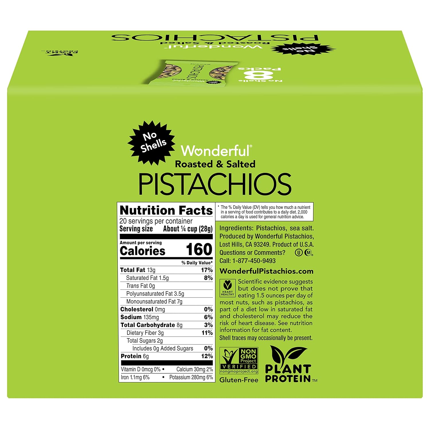 Wonderful Pistachios No Shells, Roasted and salted Nuts, 2.5 Ounce Bag (Pack of 8), Protein Snack, On-the-Go, Individually Wrapped Healthy Snack