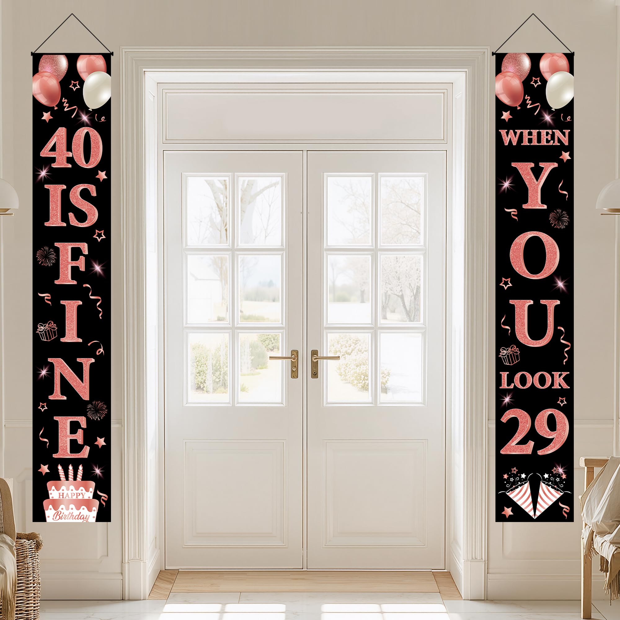 40th Birthday Decorations Door Banner - 2 Pcs Black Rose Gold 40 is Fine When You Look 29 Hanging Decor for Women Cheers to 40 Year Old Party Photo Background Supplies