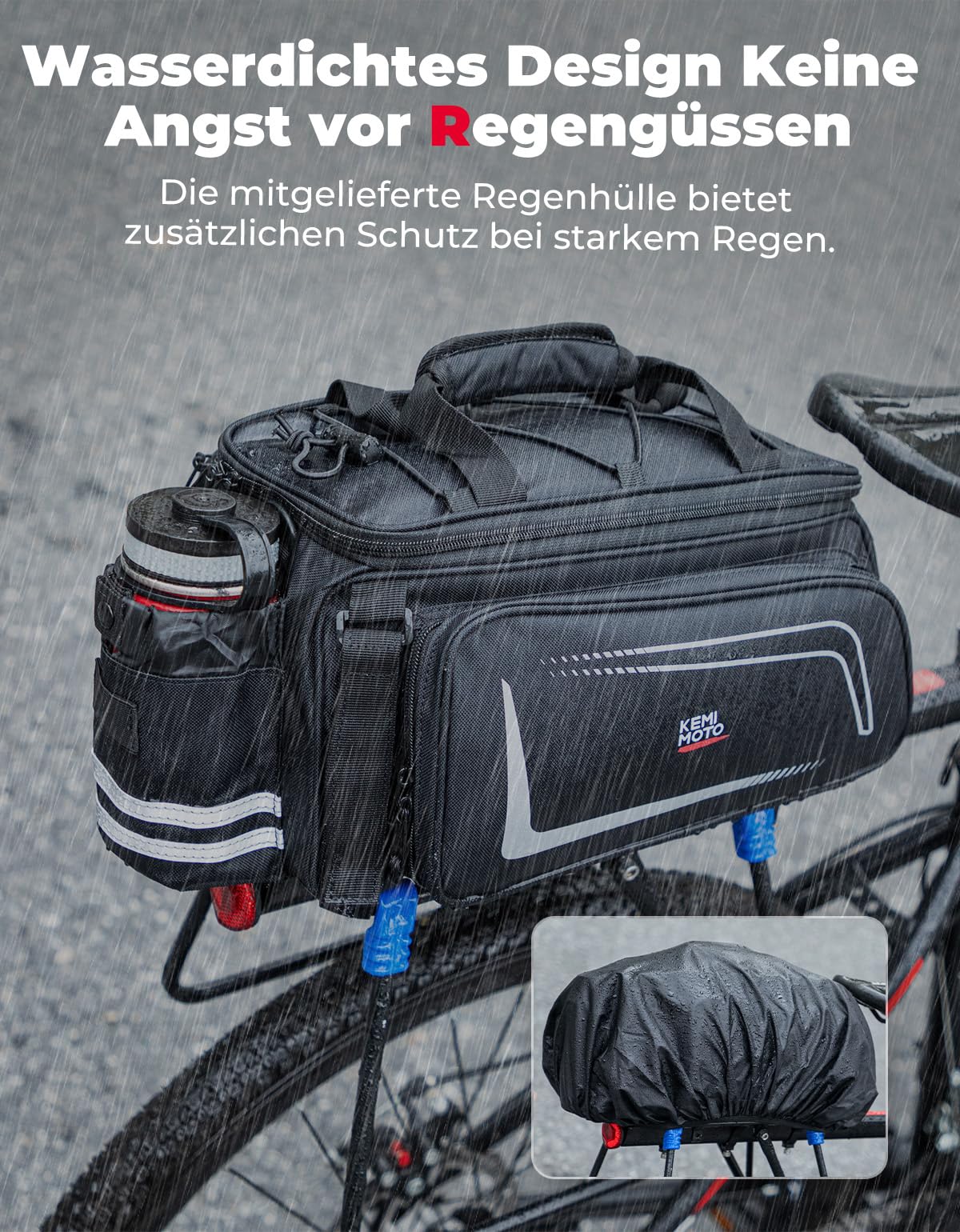 KEMIMOTO 2 IN 1 Gepäckträgertasche, 15L Volumen, Wasserabweisende Fahrradtasche für Gepäckträger mit Regenschutz, Mehrere Fächer und erweiterbar, mit Schultergurt, Fahrrad Taschen hinten