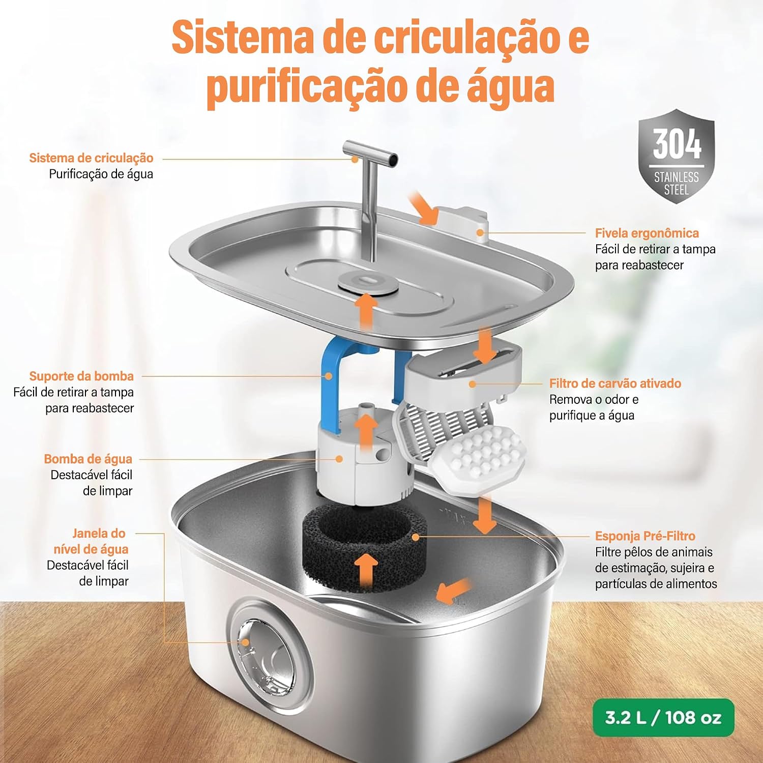 Fonte para Gatos com Filtro,Dispensador de água para cães Inox 304,Bebedouro Gato Automático Super Silencioso 3.2L para Animais de Estimação