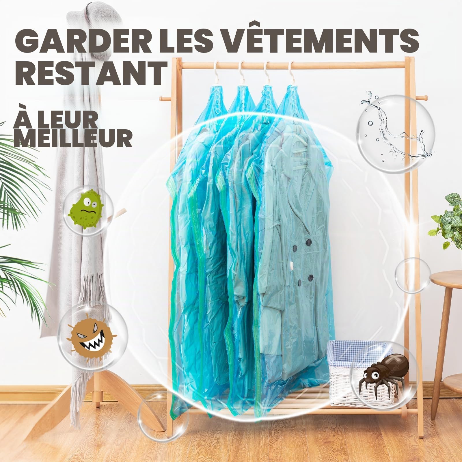 TAILI Sacs de Rangement sous Vide Suspendus pour vêtements, Housse sous Vide pour costumes, manteaux, vestes, Economisez 80% d'espace organisateur de placard Sacs à Vide, 4 Jumbo