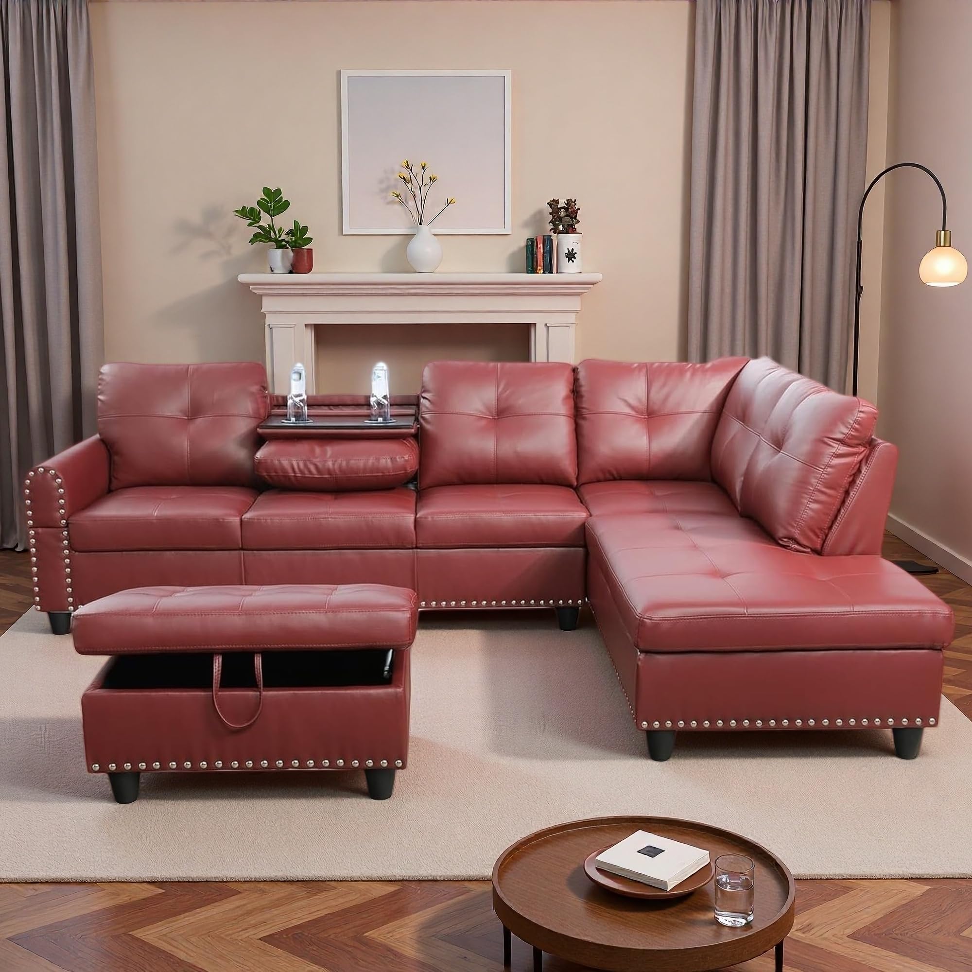 Topcomfy Red Sectional Couches for Living Room with Movable Chaise & Storage Ottoman - 97.5" Leather L Shaped Couches for Living Room Apartment, Home