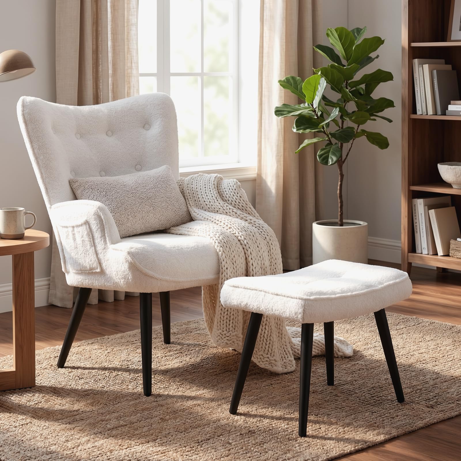 CLEVICH Ohrensessel - Gemütlicher Loungesessel mit Hocker, Lesesesselaus, Teddystoff Armchair für Wohnzimmer & Schlafzimmer - Bis 168kg, Weiß
