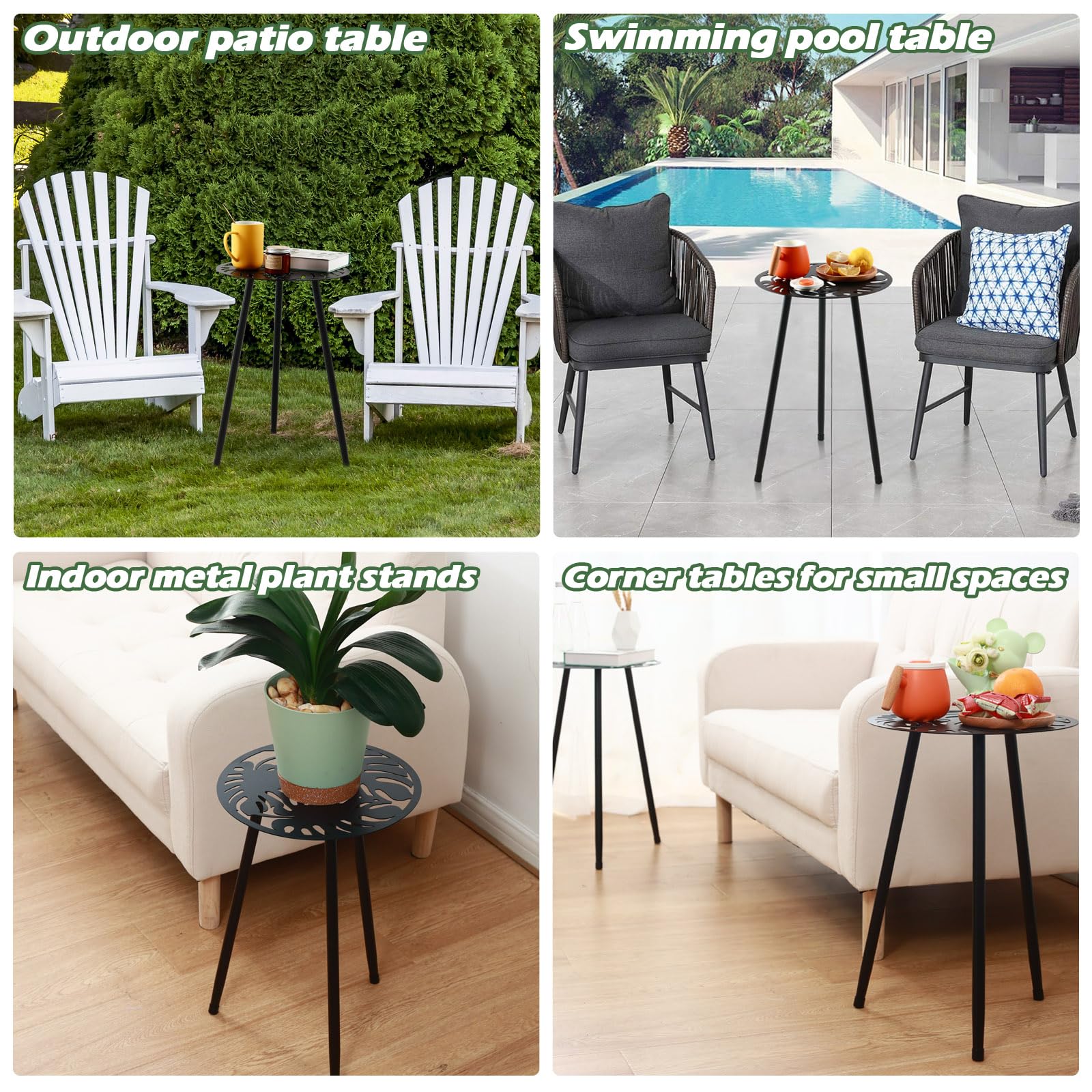 2 paquetes de mesas auxiliares de metal para exteriores, mesa auxiliar pequeña para patio, mesa redonda de esquina de jardín para espacios pequeños, balcón, soporte de plantas de porche para 6