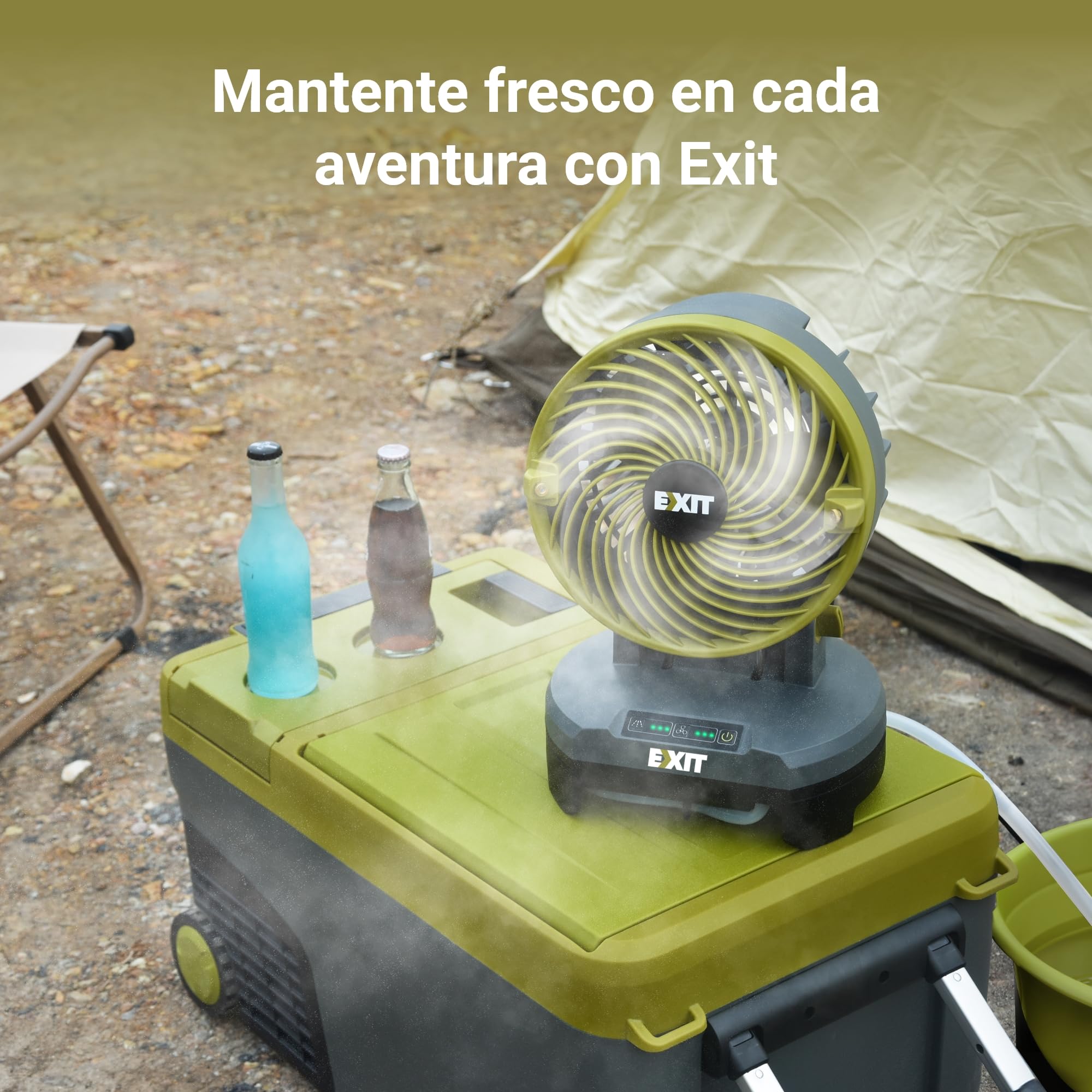 EXIT 20V ventilador de nebulización portátil EX022, ventilador a batería con 3 velocidades y 3 niveles de nebulización, perfecto para camping, picnics y playa. Incluye batería reemplazable de 2,0 Ah.