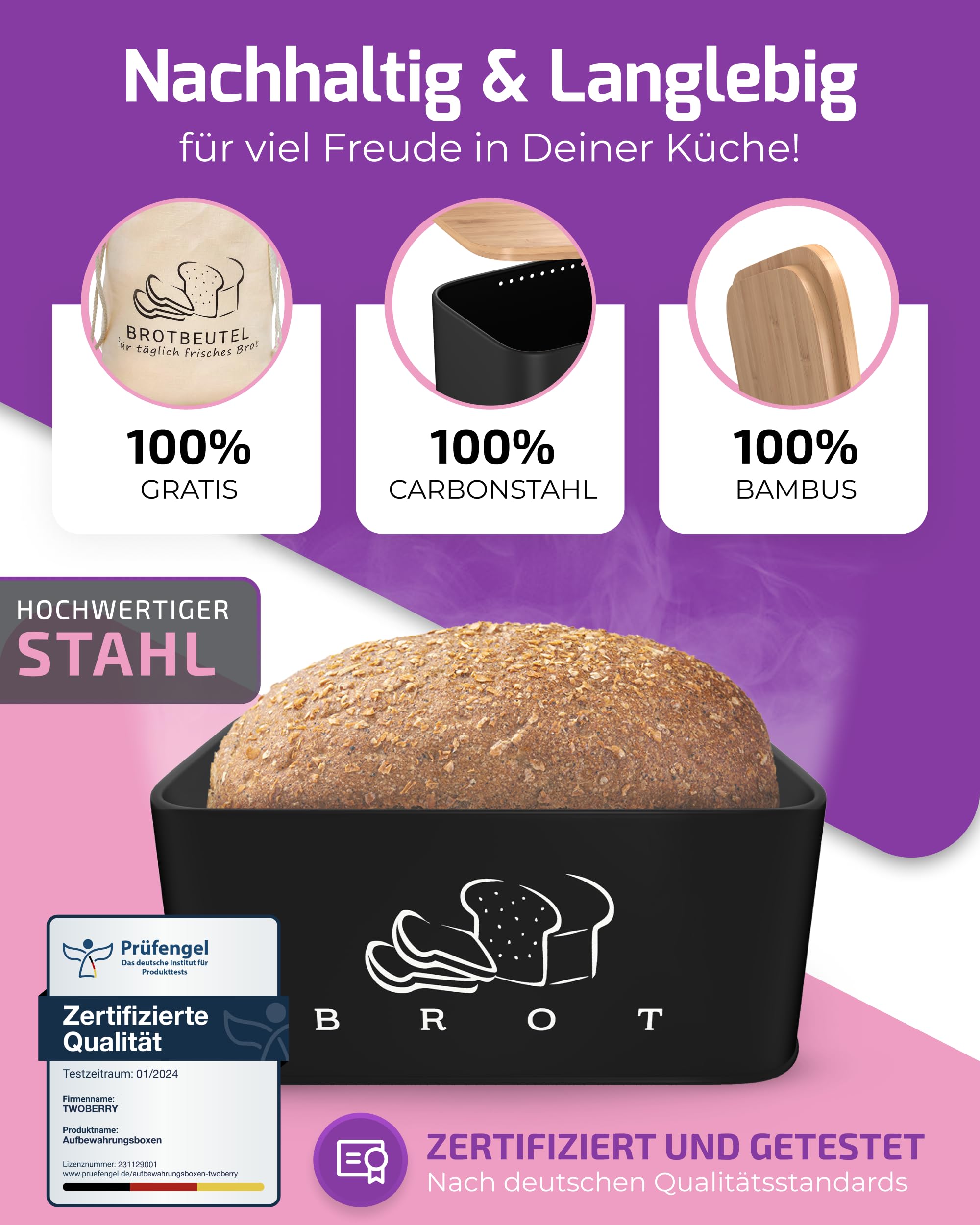 Brotkasten Schwarz – Brotbox mit Bambusdeckel als Schneidebrett [2in1 Brotbehälter]- inklusive gratis Brotbeutel Leinen - perfekte Brotaufbewahrung für lange Frische- Premium Brot Aufbewahrungsbox