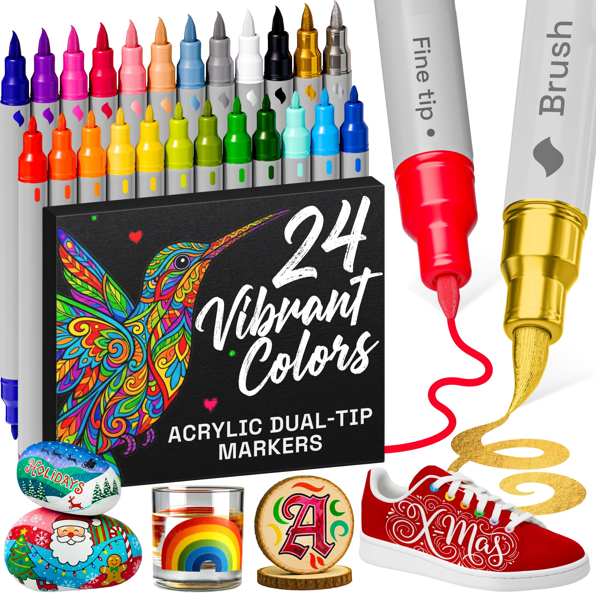 24 Acrylic Paint Markers - Paint Pens for Calligraphy, Brush + Fine Tips - For Fabric, Rock, Glass, Wood, DIY, Craft, Canvas - Art and Craft Supplies for Adults, Teens, Kids