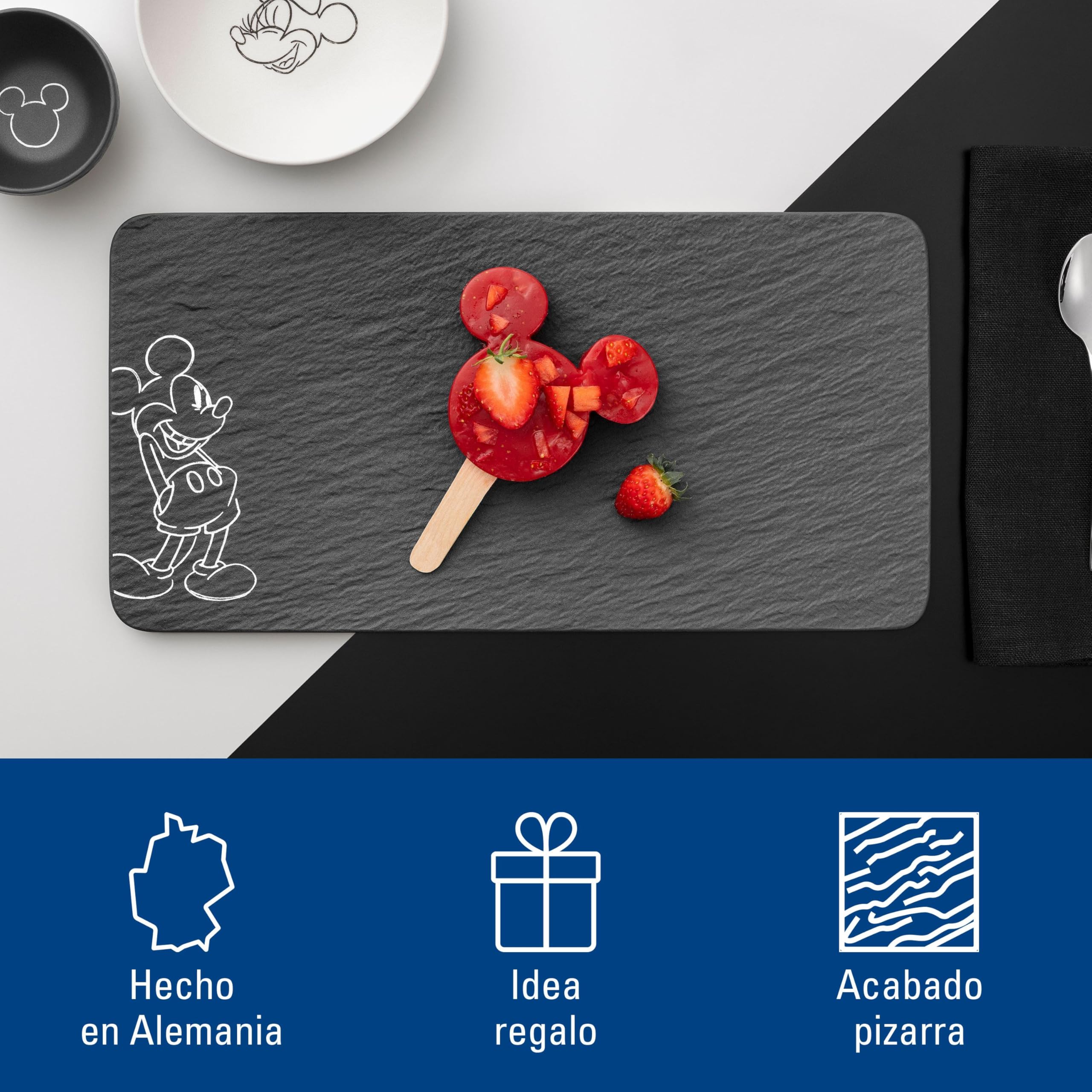 Villeroy & Boch Manufacture Rock – Mickey Mouse – Bandeja servir, negra, apta para lavavajillas y microondas, acabado de pizarra y decoración de Disney Mickey Mouse en estilo tiza