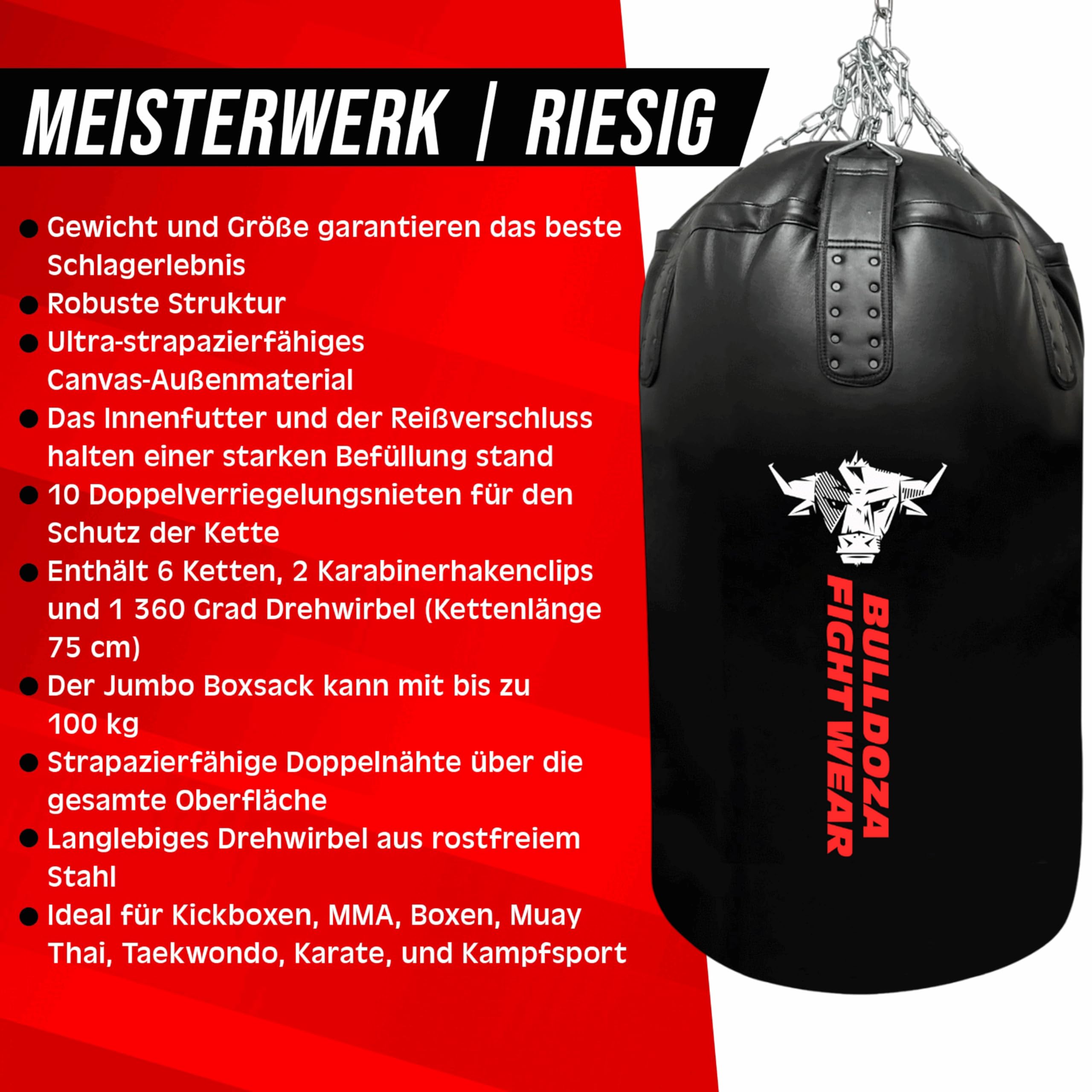 Jumbo Riesiger XXL Bull Doza Fight Wear Heavy Duty Self-Fill Punchingbag Boxsack mit Aufhängeketten, Drehgelenk, Karabiner, Boxsack für MMA, Kickboxen, Muay Thai, Kampfsport