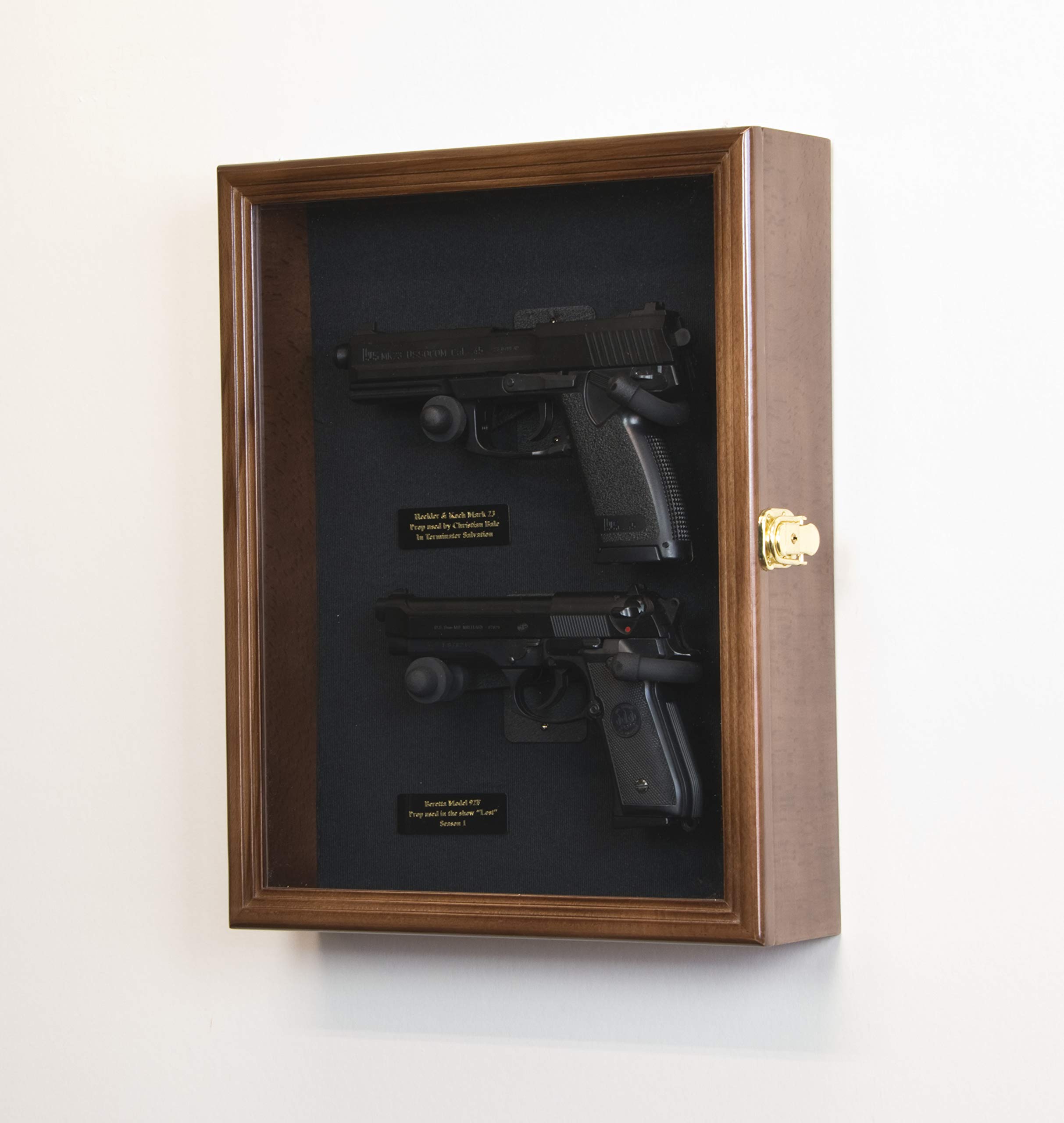 Large/Double 2 Pistol Handgun Revolver Gun Display Case Cabinet Rack Shadowbox (Walnut Finish, Black Background)