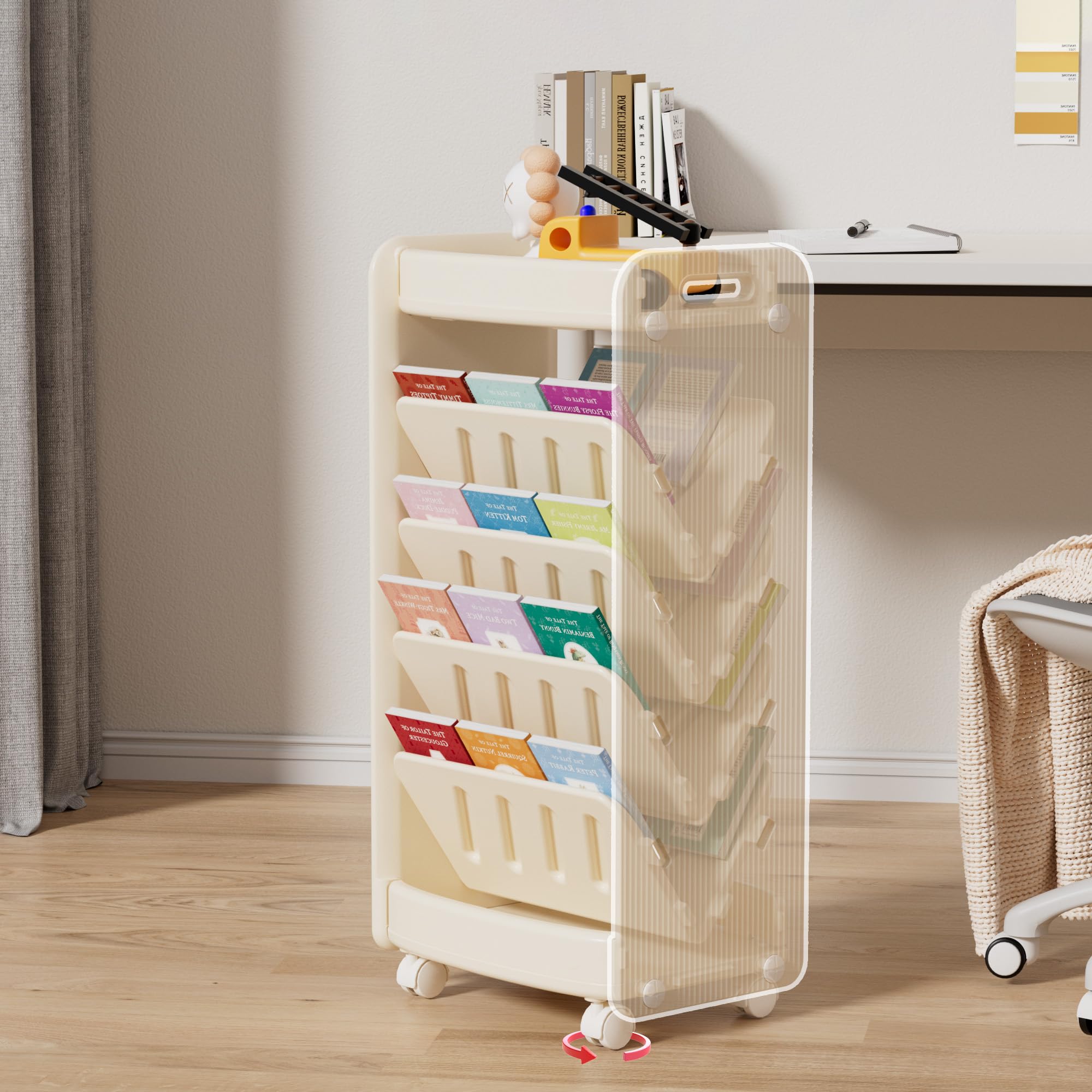 hoopyosms Librería Móvil Infantil con Ruedas, Estanteria Libros Infantil, Estantería de Pie a 6 Niveles, Biblioteca Montessori Niños, de 2 Caras, Ahorro de Espacio y Gran Capacidad, Beige