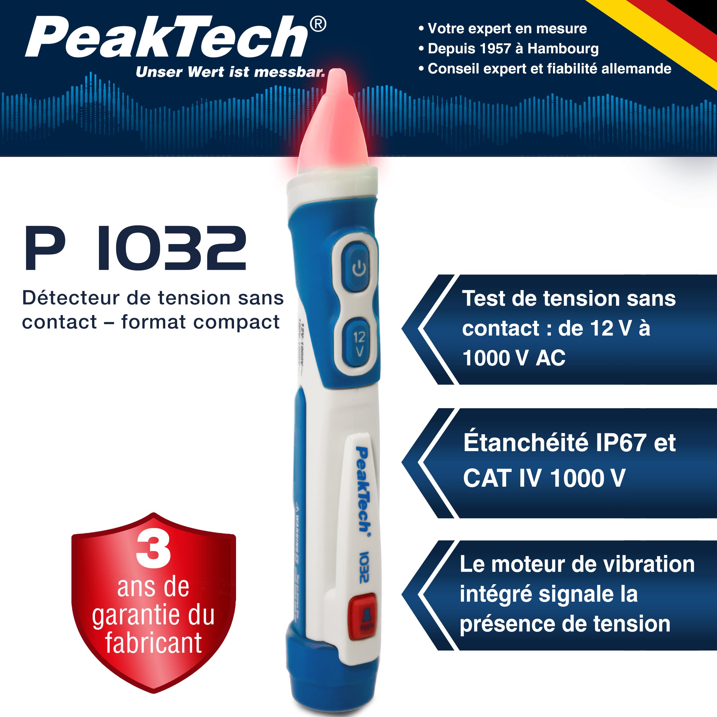PeakTech 1032 AC Détecteur de tension sans contact [+LED Signal Lampe & Vibration] Plage de fonctionnement 12-1000 V AC, Détecteur de ligne, Détecteur de ligne