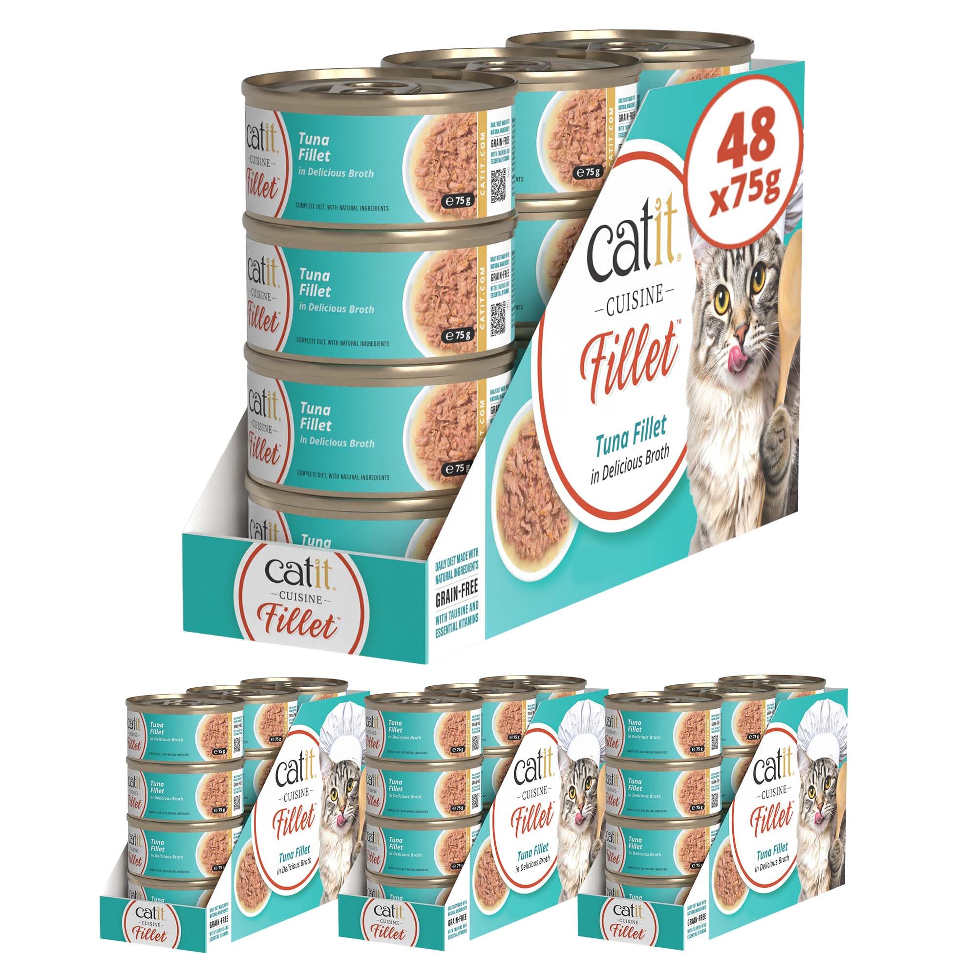 Catit Cuisine Fillet, Real Tuna Fillet in Broth, Grain Free Wet Cat Food for Adult Cats, High Meat Tinned Cat Food in Broth 4 x 12 pack