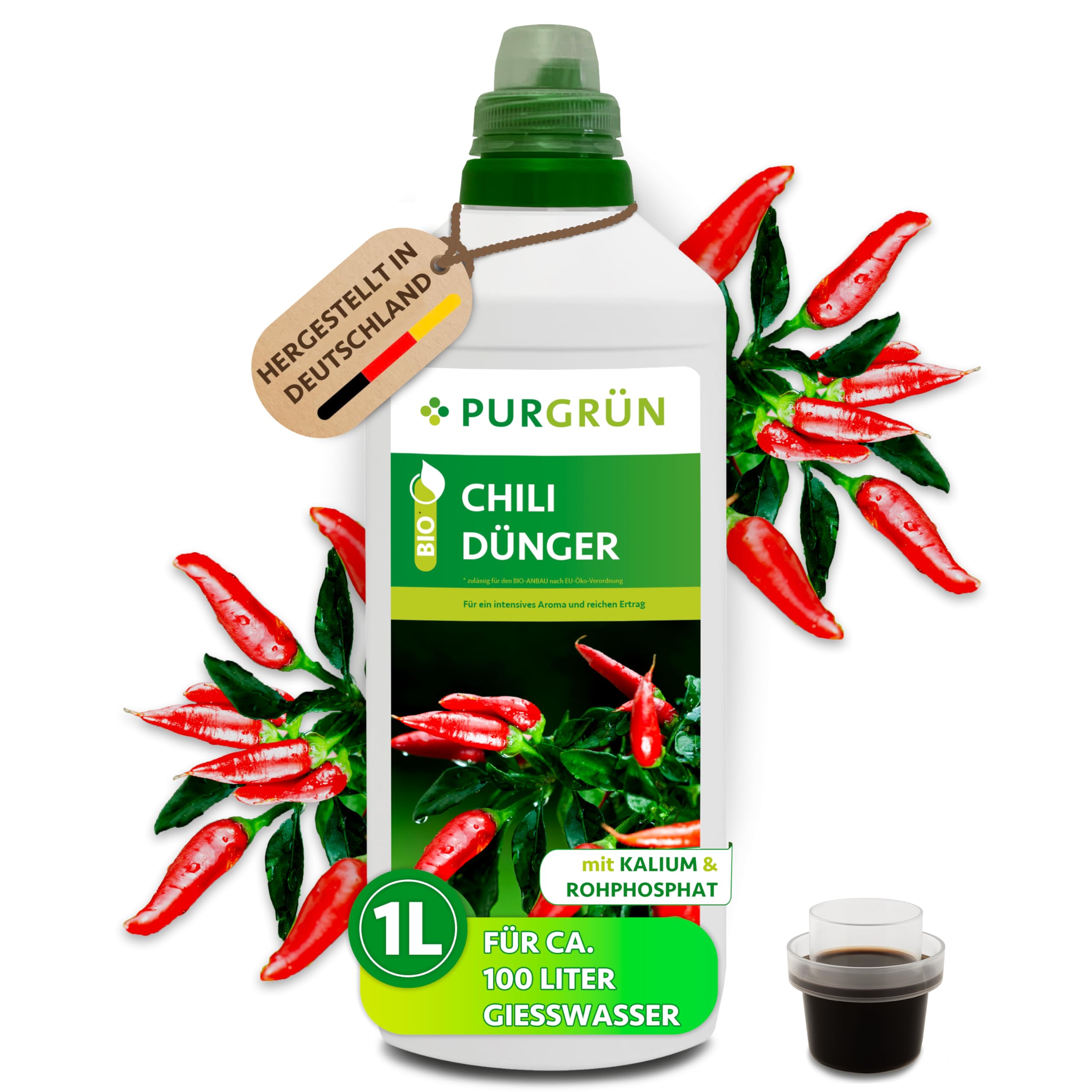 Purgrn Bio-Chilidnger 1 Liter  Erhht den Ernteertrag  Extra Kalium  fr knackige Chilis  Schnelles, gesundes Wachstum  Ohne tierische  Inhaltsstoffe  Konzentrat fr 100 Liter Giewasser : Amazon.de: Garten