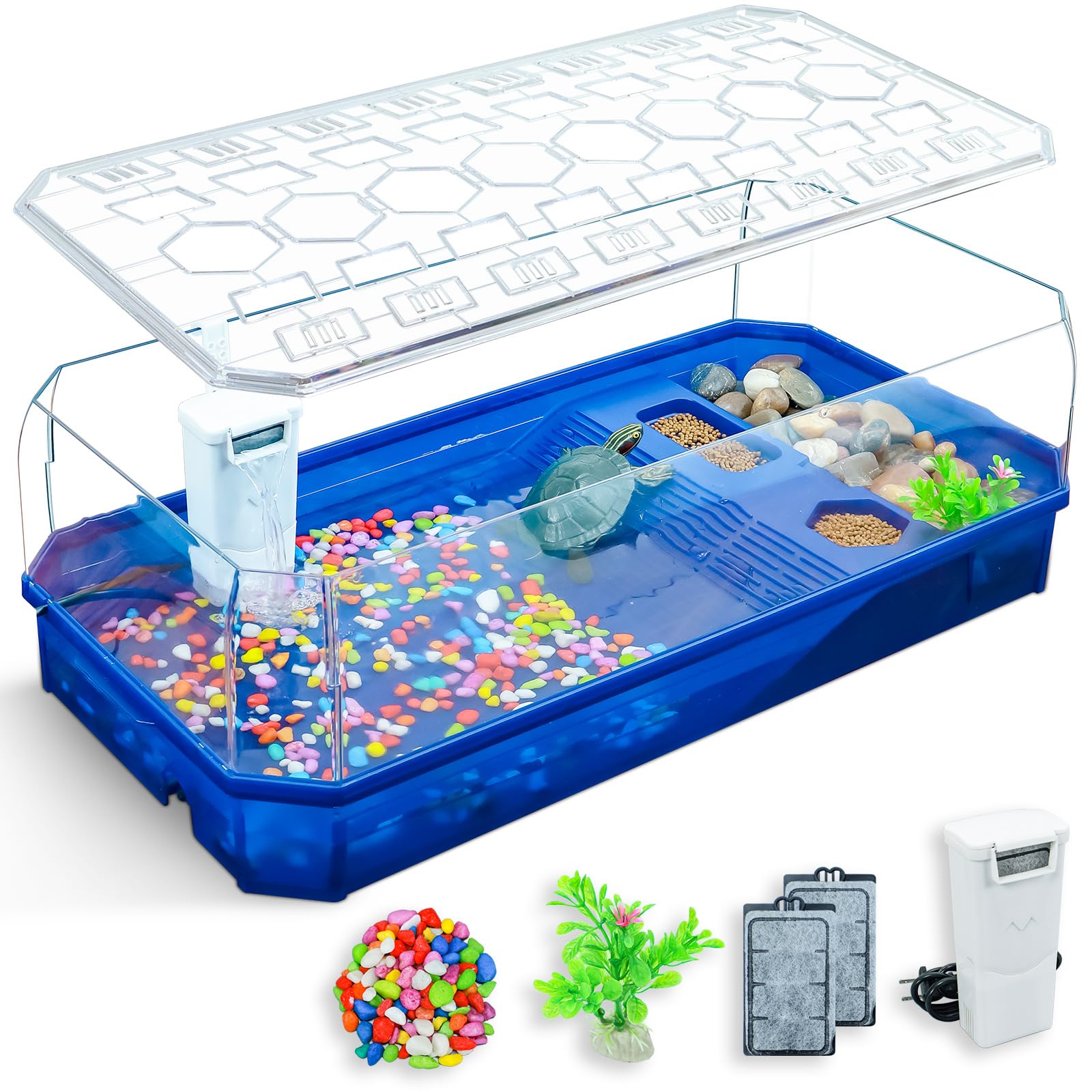 Aquatic Turtle Tank Habitat Kit Stone+Filter+Heat Lamp Enhancing Interaction with 360° Viewing, Standalone Filtration, DIY Creative Zone, Enriched Living (Blue, XL[Without Light])