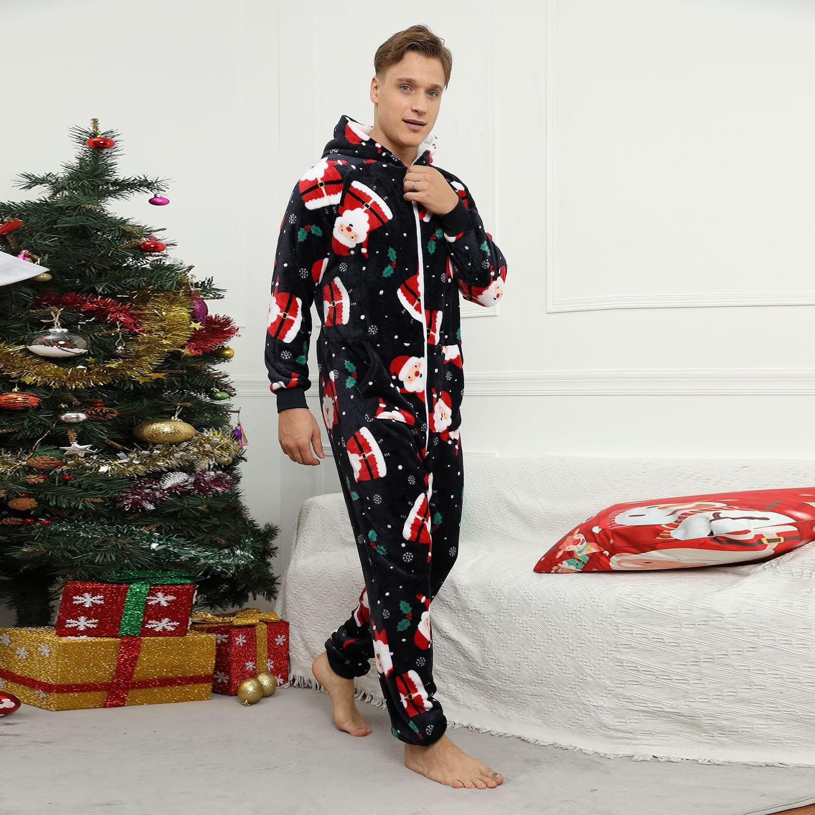 Generisch Onesie męski kombinezon na Boże Narodzenie, delikatny flanelowy kombinezon polarowy, piżama, z długim rękawem, jednoczęściowy, na zimę, termiczny, domowy kombinezon do joggingu