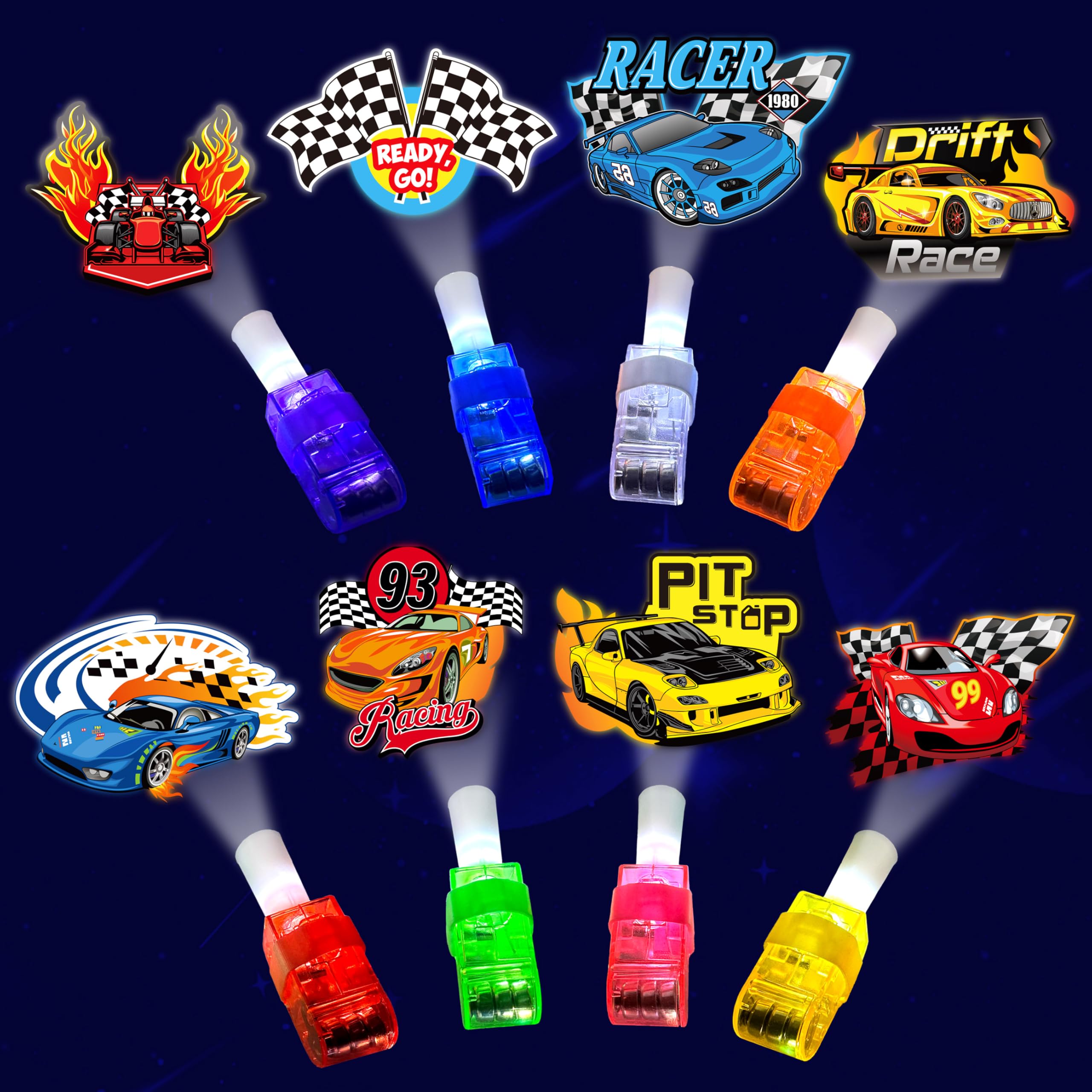 72-Piece Race Car Party Favors - LED Finger Lights & Temporary Tattoos Combo