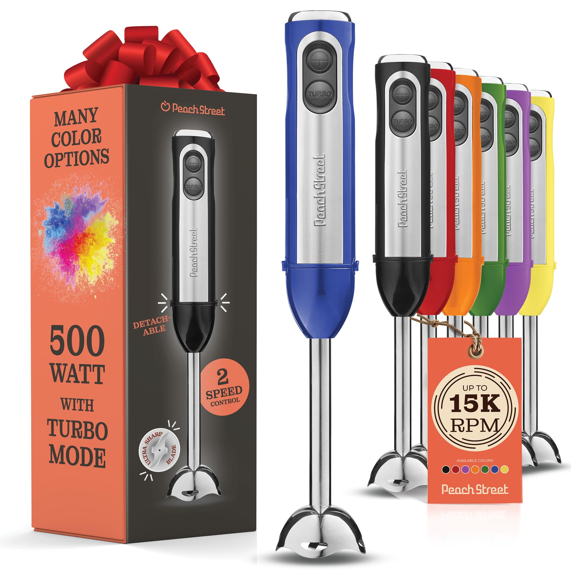 Powerful Immersion Blender, Electric Hand Blender 500 Watt with Turbo Mode, Detachable Base. Handheld Kitchen Blender Stick for Soup, Smoothie, Puree, Baby Food, 304 Stainless Steel Blades