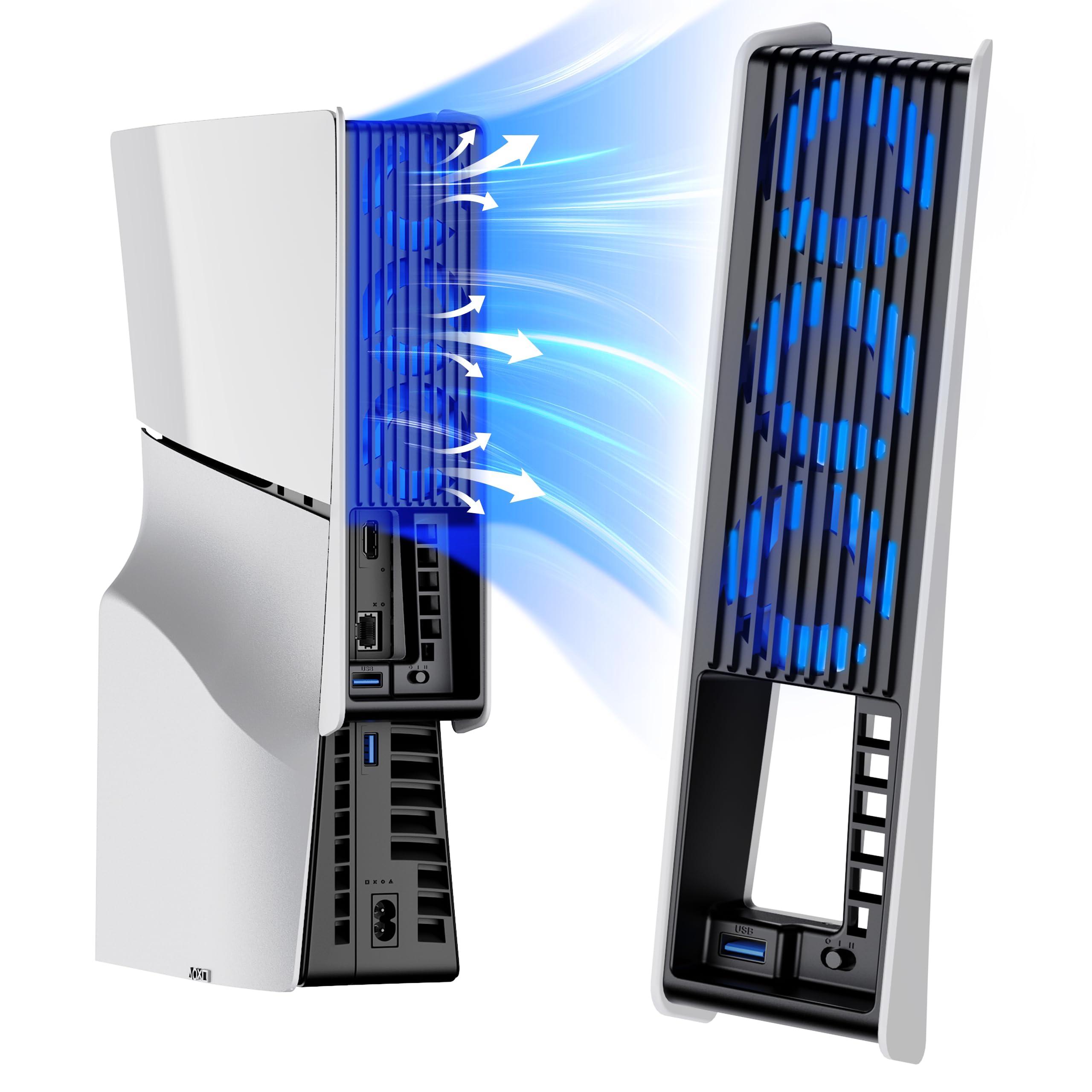 KIWIHOME PS5 Slim Cooling Fan, Efficient Cooling Accessories with 3 Fans, Quiet Cooler fan with Adjustable Speed, Smart Power On/Off, LED Light and USB3.0 Port for PS5 Slim Digital/Discs Edition