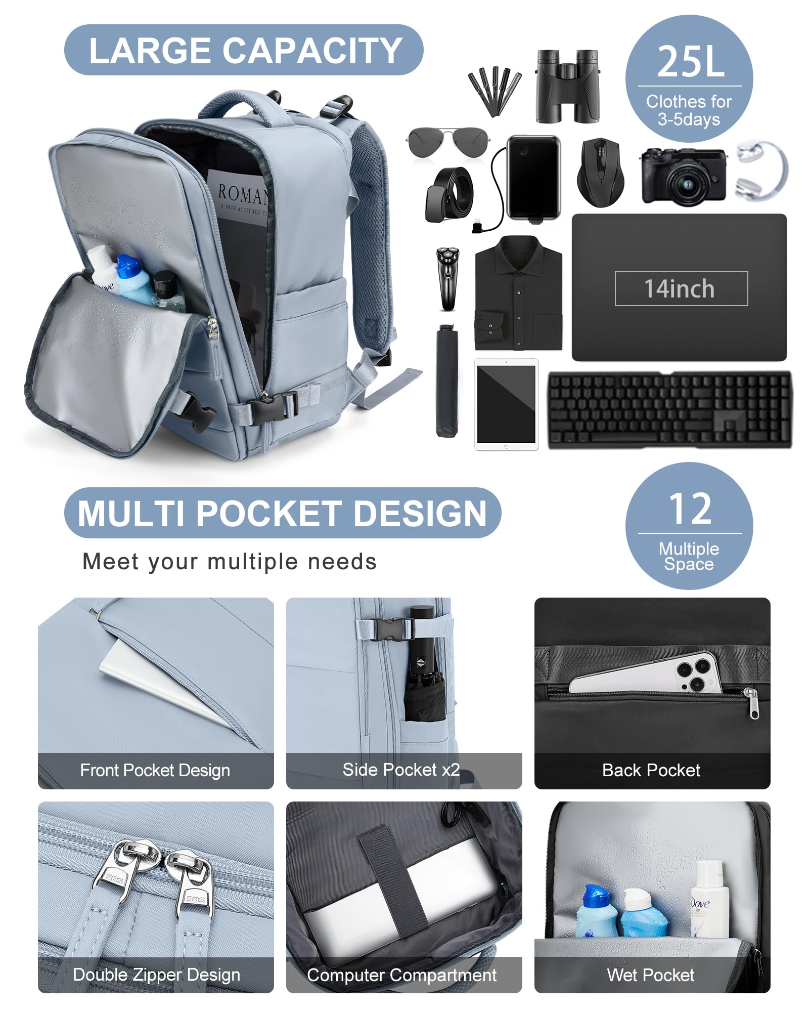 BJLFS Borse da Cabina per Ryanair 40x20x25 Bagaglio a Mano Zaino Borsa Zaino da Viaggio, Zaino da trekking,Zaino Easyjet 45x36x20,Zaino Casual per laptop da 14 pollici per scuola