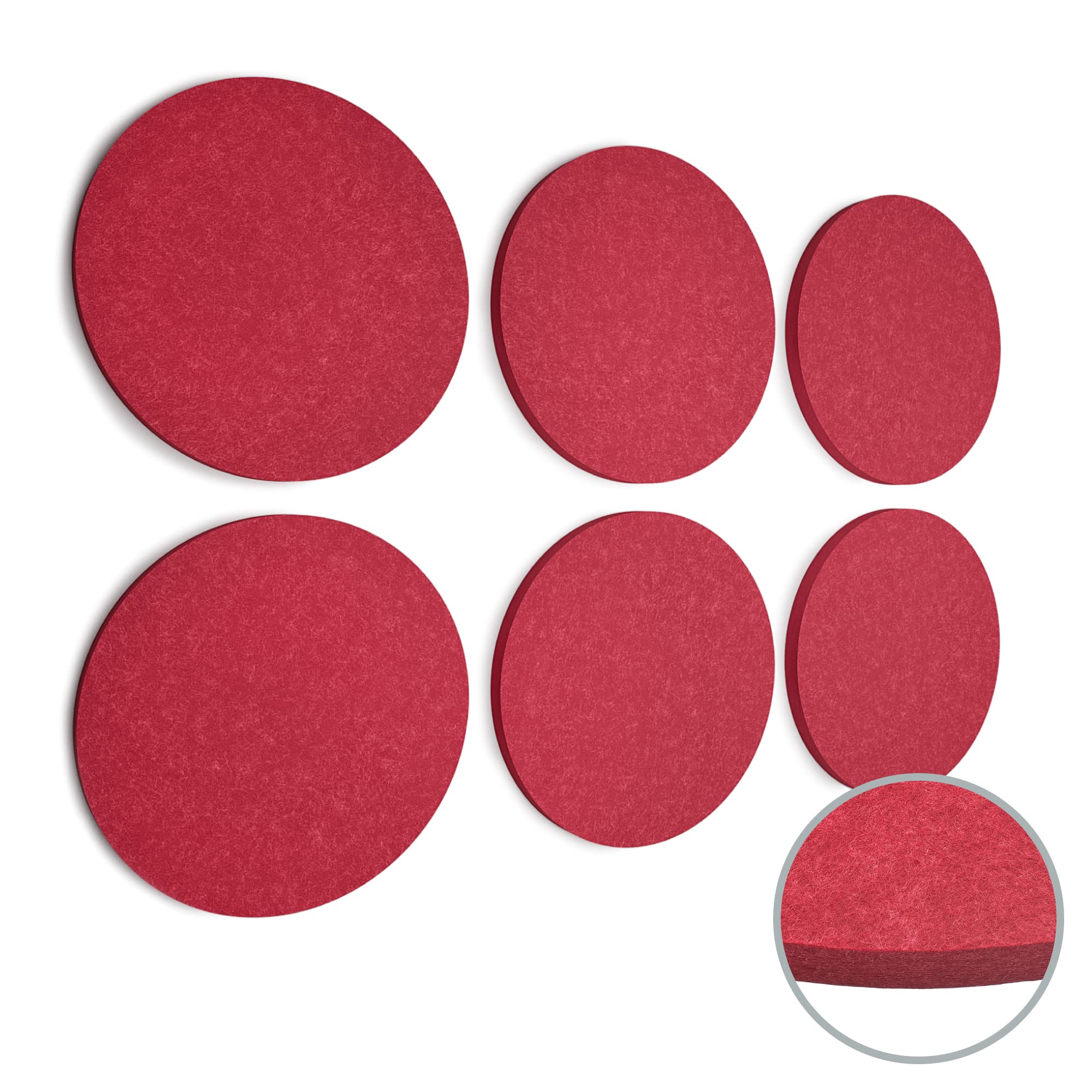 vilz Juego de 6 placas acústicas autoadhesivas para pared, 100% fieltro reciclado, absorbentes para mejorar la acústica, diámetro 275 x 12 mm, color rojo rubí
