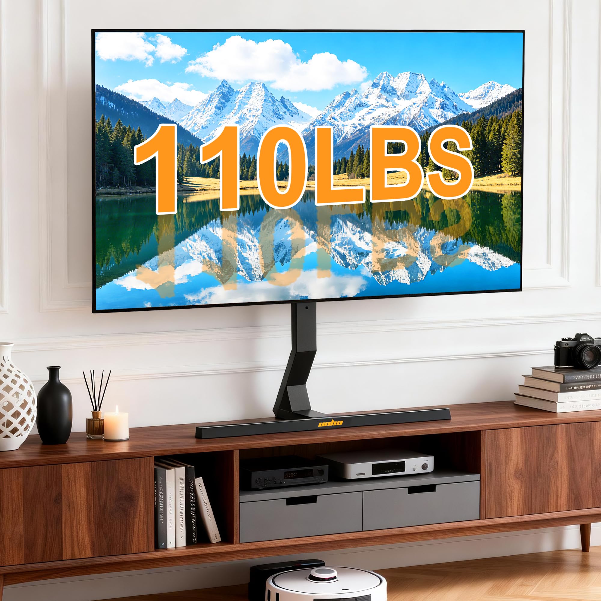 unho Supporto TV da Tavolo per 40-75 Pollici Porta TV Regolabile Stabile | Acciaio Ispessito, Peso Max 50kg, Max VESA 600x400mm, Ruotabile a sinistra e a destra 45°