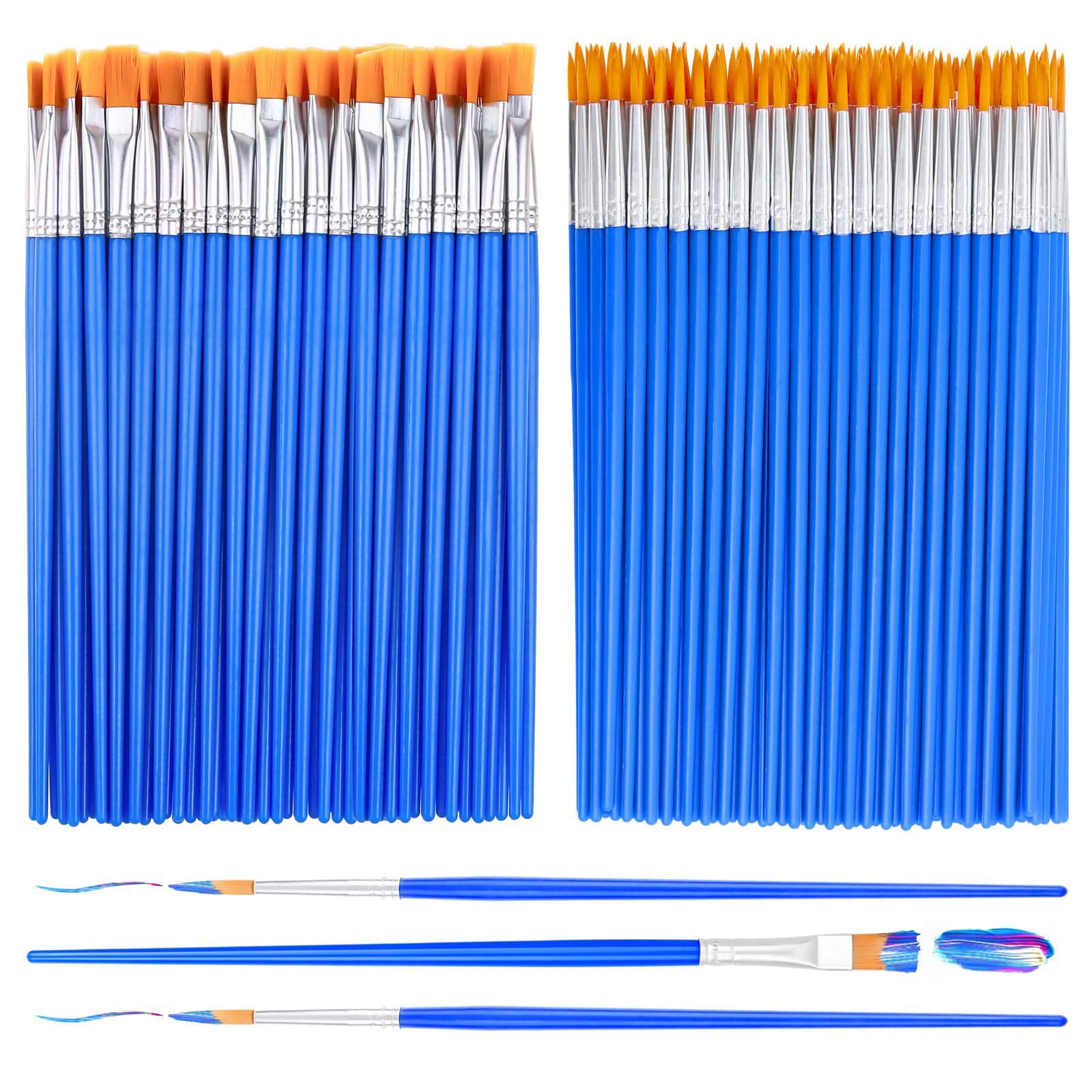 Small Paint Brushes Bulk, Anezus 100 Pcs Paint Brushes for Kids Acrylic Paint Brushes Set with Flat and Round Pointed Paint Brushes Craft Paint Brushes for Classroom Watercolor Canvas