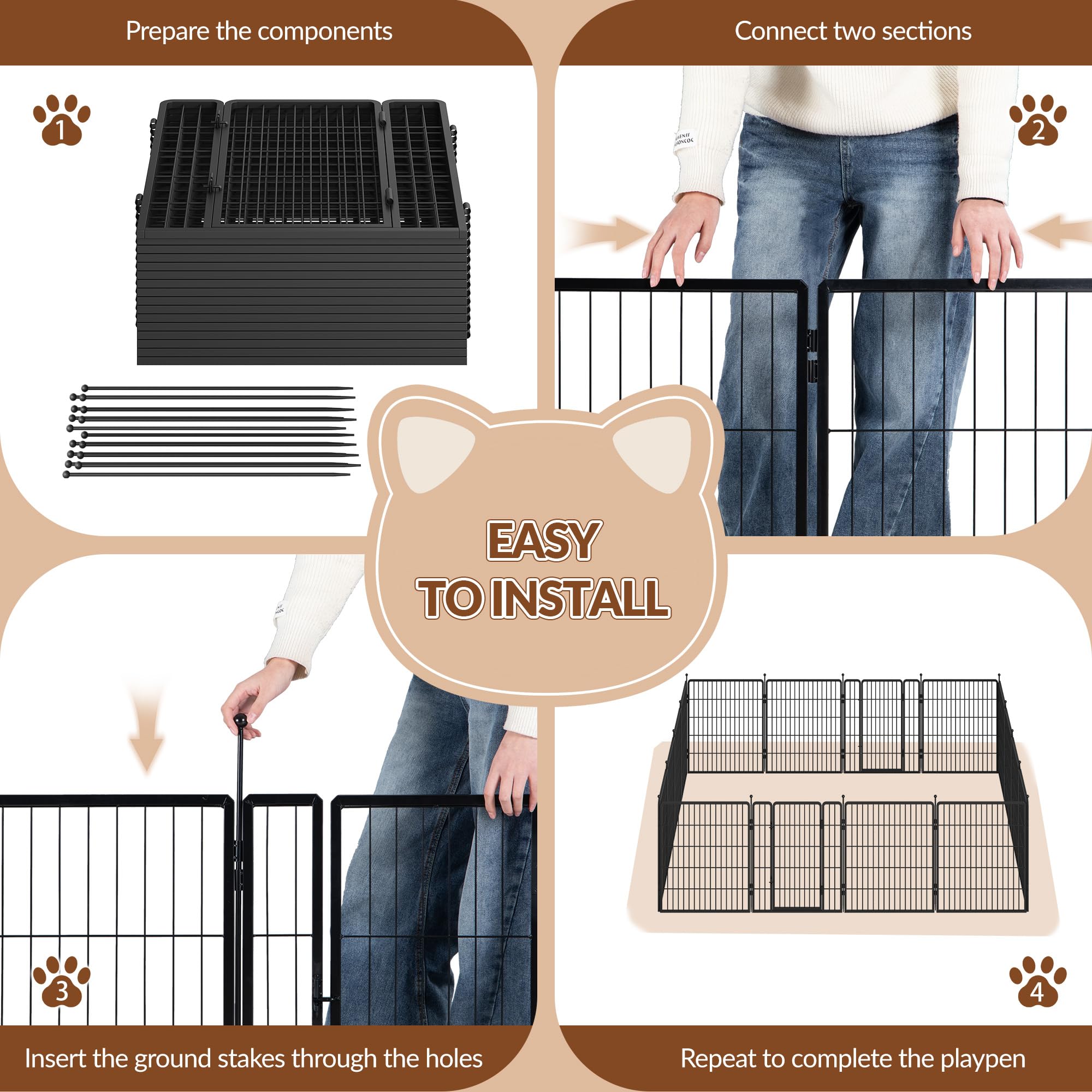 Recinto per Cani, Altezza 100 cm, Nero | Pieghevole in Metallo, per Interno ed Esterno, 8 Pannelli, 2 Serrature, FPWL103TB1