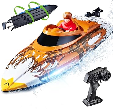 BEZGAR RC Boat, 12 inch Self-Righting Remote Control Boat for Kids and Adults, 25 KPH Fast RC Speed Boats with 700mAh Battery, Ideal Waterproof Toy for Lakes & Pools - HJ822 Brown