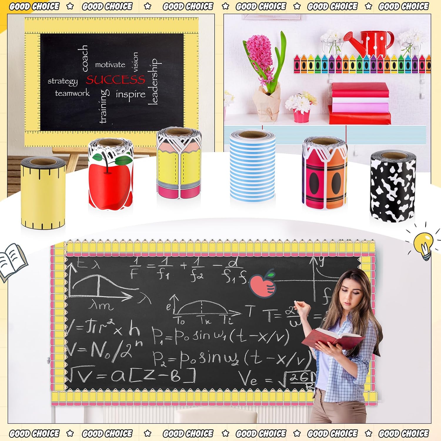 Tenceur 160ft Borders for Bulletin Board Decoration, 6 Rolls Apple Crayon Pencil Classroom Bulletin Board Borders, Scalloped Trims for School Office Whiteboard Wall Decor