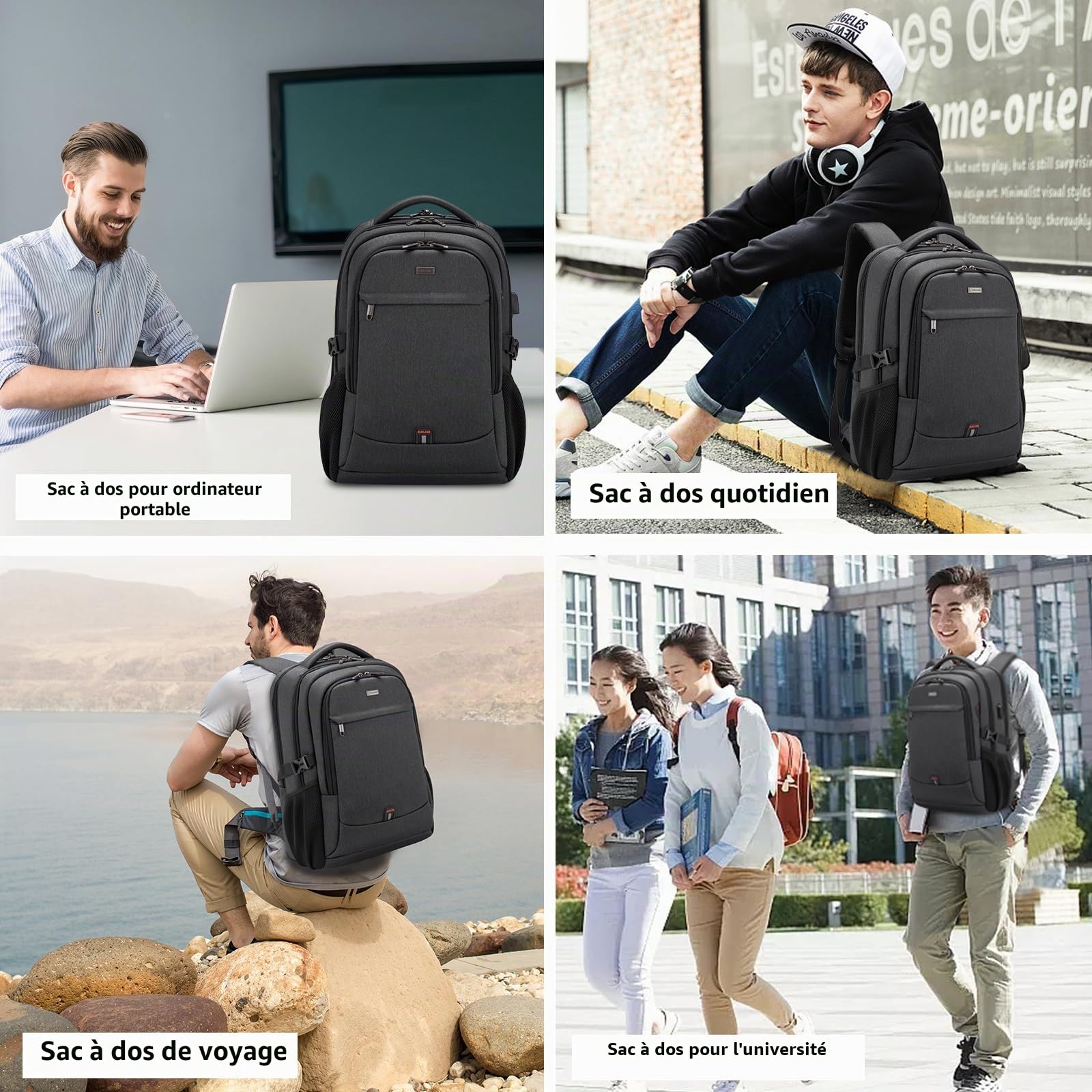 Sac à Dos Ordinateur Portable 17 Pouces Homme Fonctionnel Sac à Dos PC Portable avec USB Charging Port Imperméable Antivol pour Collège Affaire Scolaire Voyage - Noir