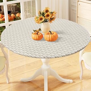 misaya Round Fitted Tablecloth with Elastic Edge, 100% Waterproof Oil Proof Plastic Table Cover, Vinyl Flannel Backed Tablecloth Fits 36"-44" Round Tables for Dinner, Outdoor, Picnic, Weave