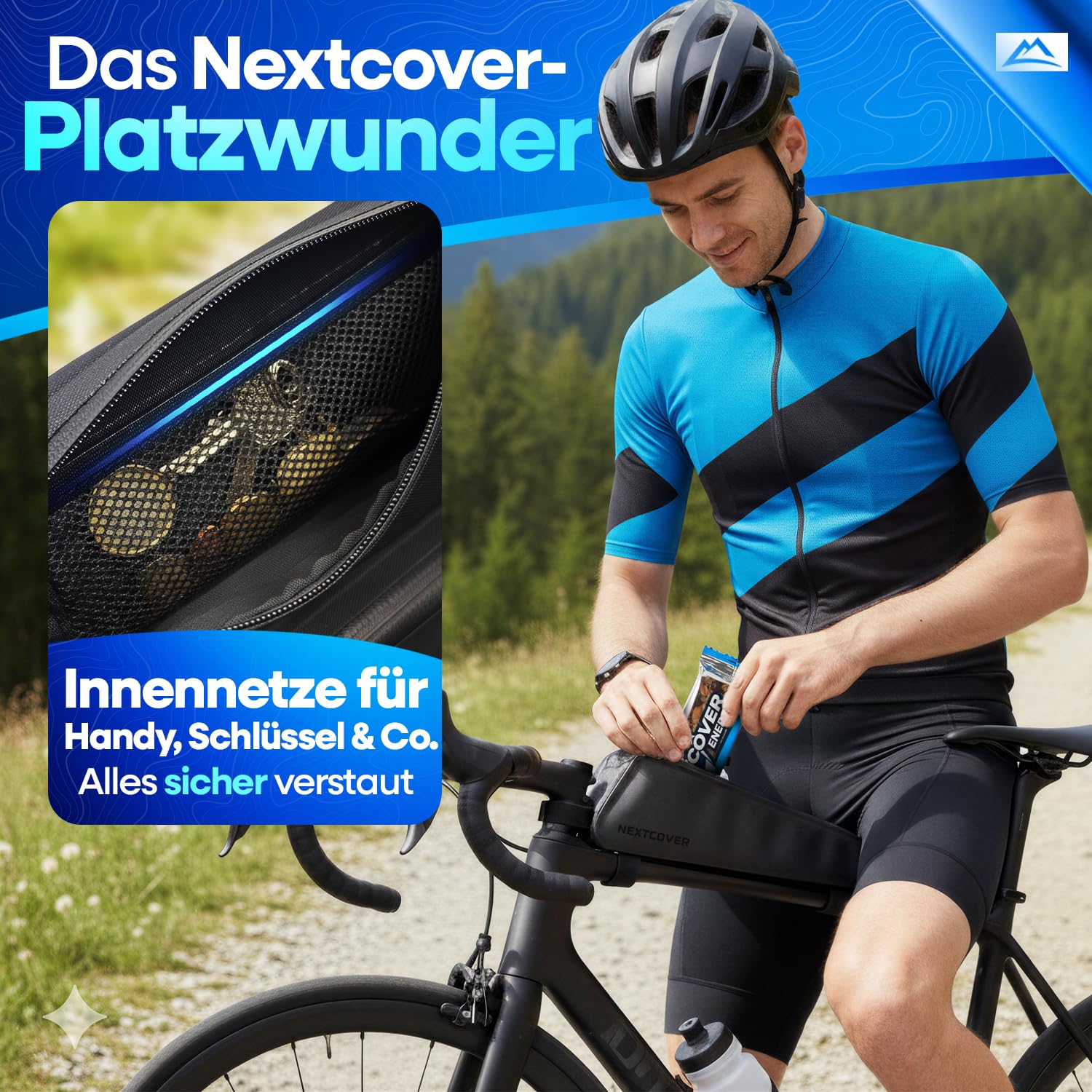 Nextcover® Bikepacking Oberrohrtasche Klett I 100% Wasserdicht Dank AquaShield-TPU I Kompakte Rahmentasche Fahrrad I Bikepacking Taschen für Gravelbike, Rennrad, MTB, Top Tube Bag